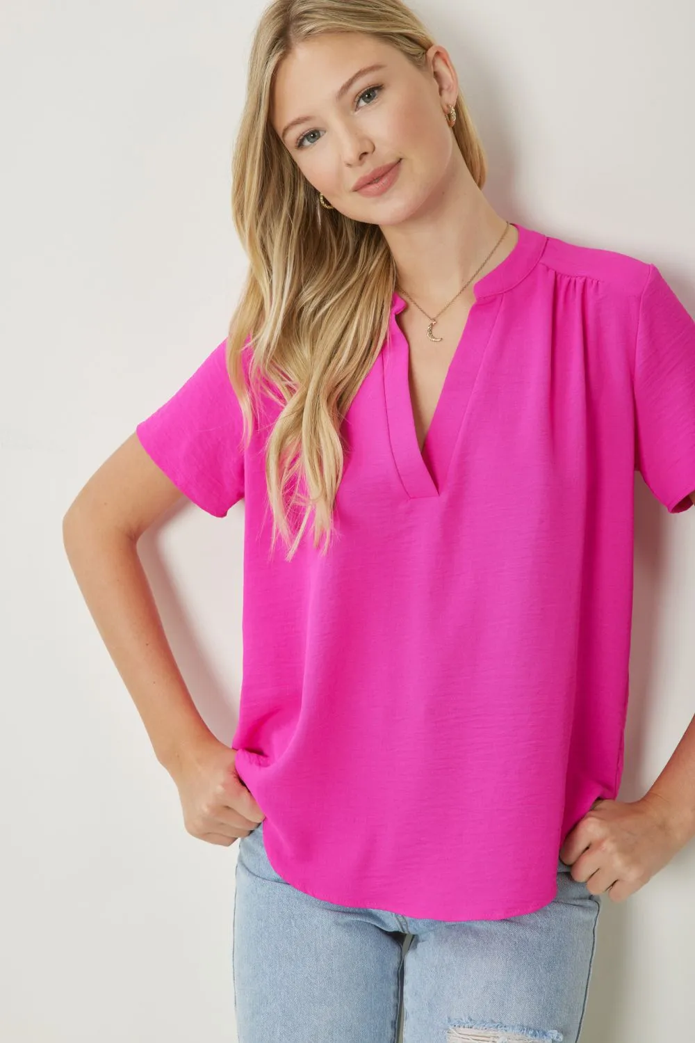 Solid V Neck Placket Top