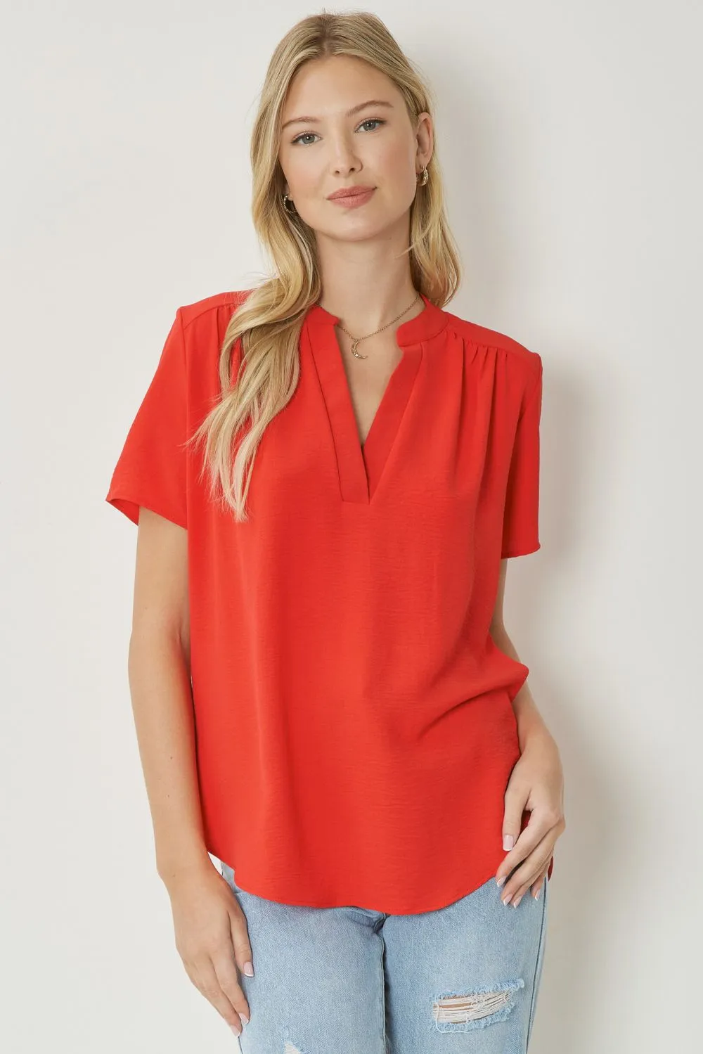 Solid V Neck Placket Top