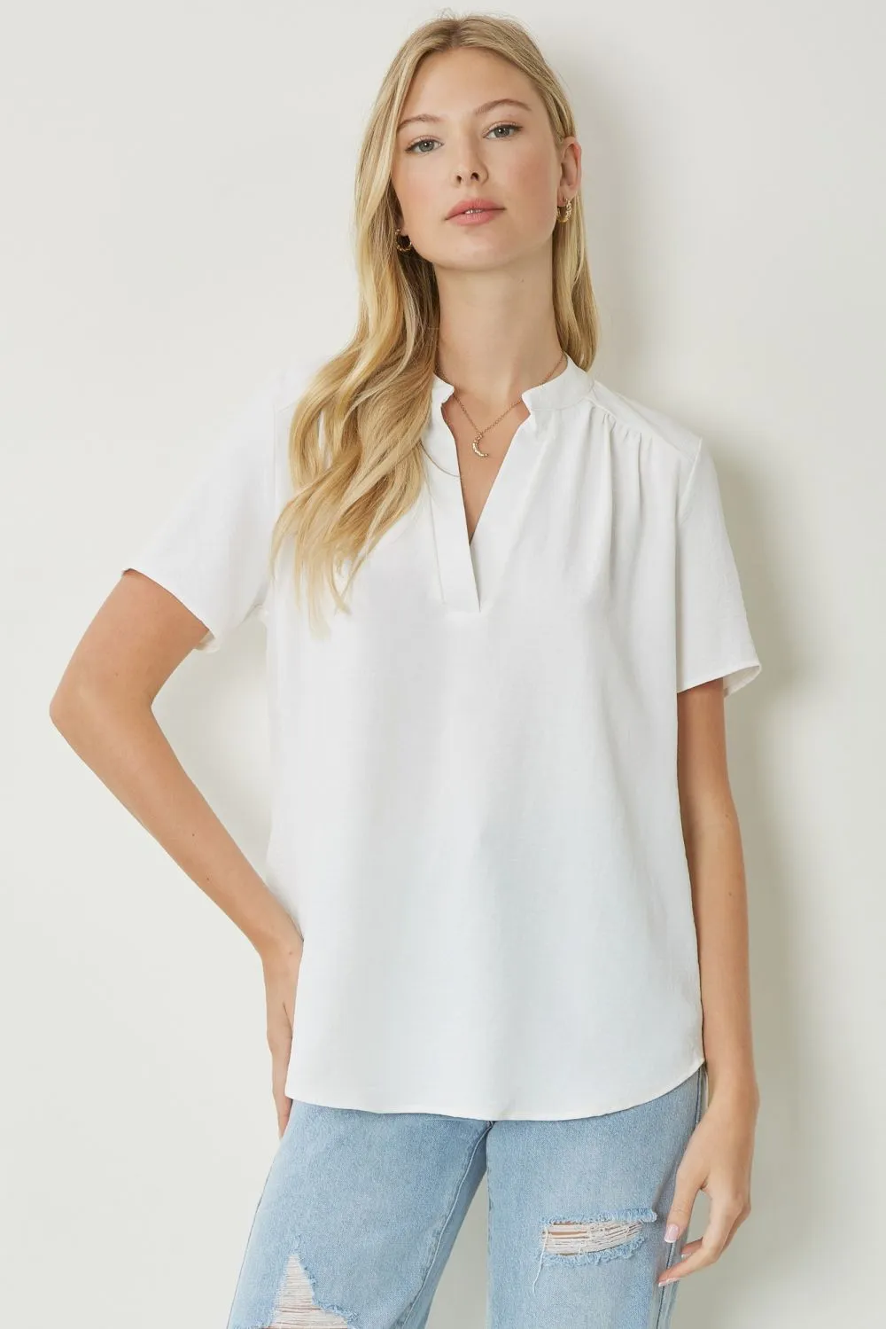 Solid V Neck Placket Top