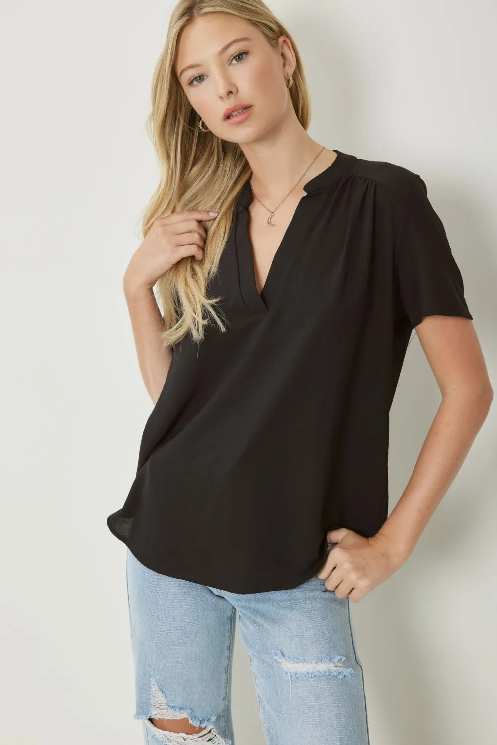 Solid V Neck Placket Top