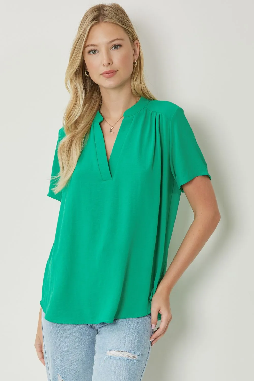 Solid V Neck Placket Top