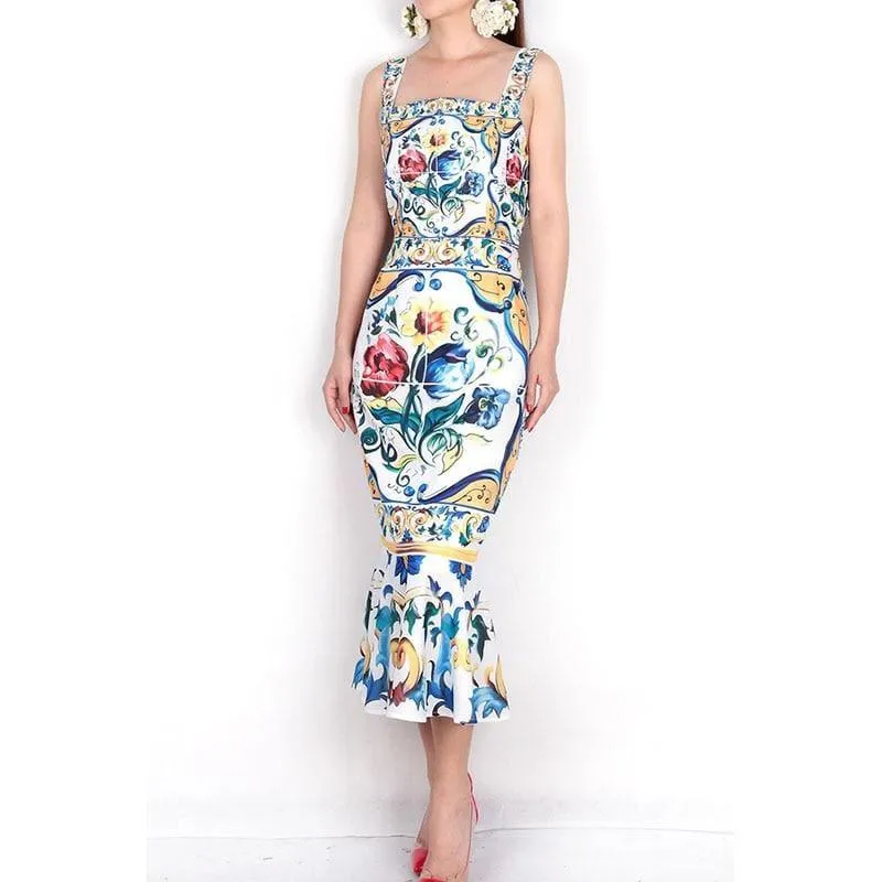 Spaghetti Strap Luxury Porcelain Print Silk Trumpet Sheath Mid-Calf Square Collar Midi Dress