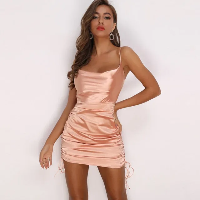 Spaghetti strap Short Satin Ruched Pleated Drawstring Mini Dress