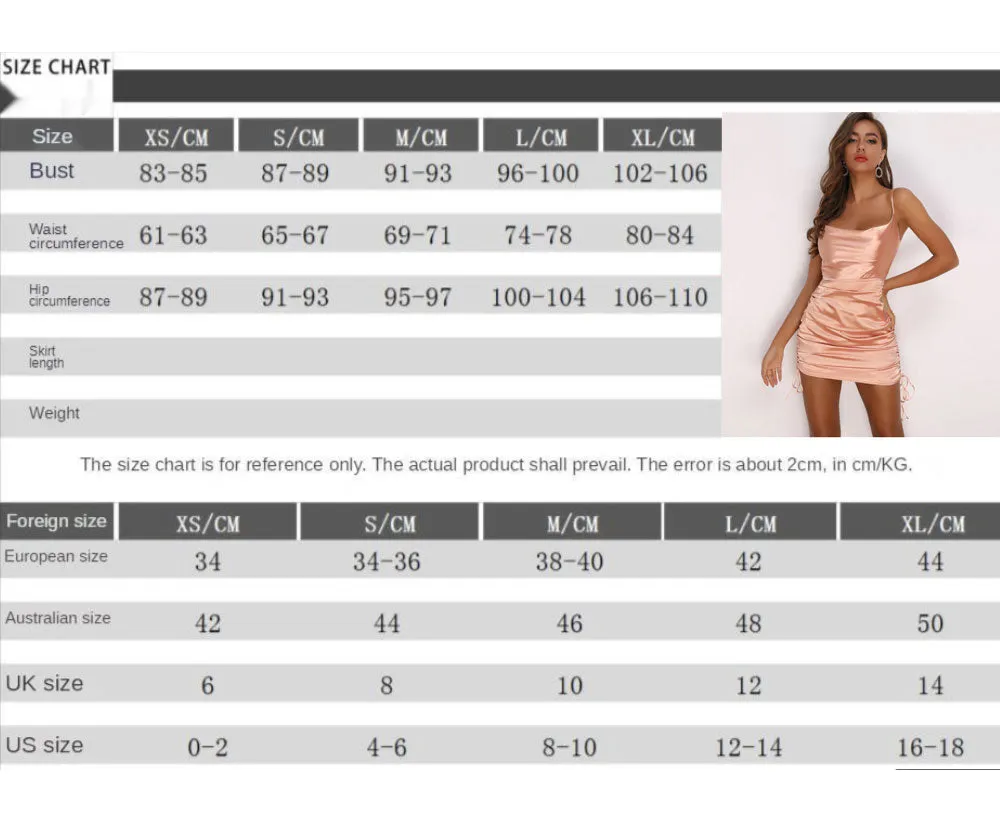 Spaghetti strap Short Satin Ruched Pleated Drawstring Mini Dress