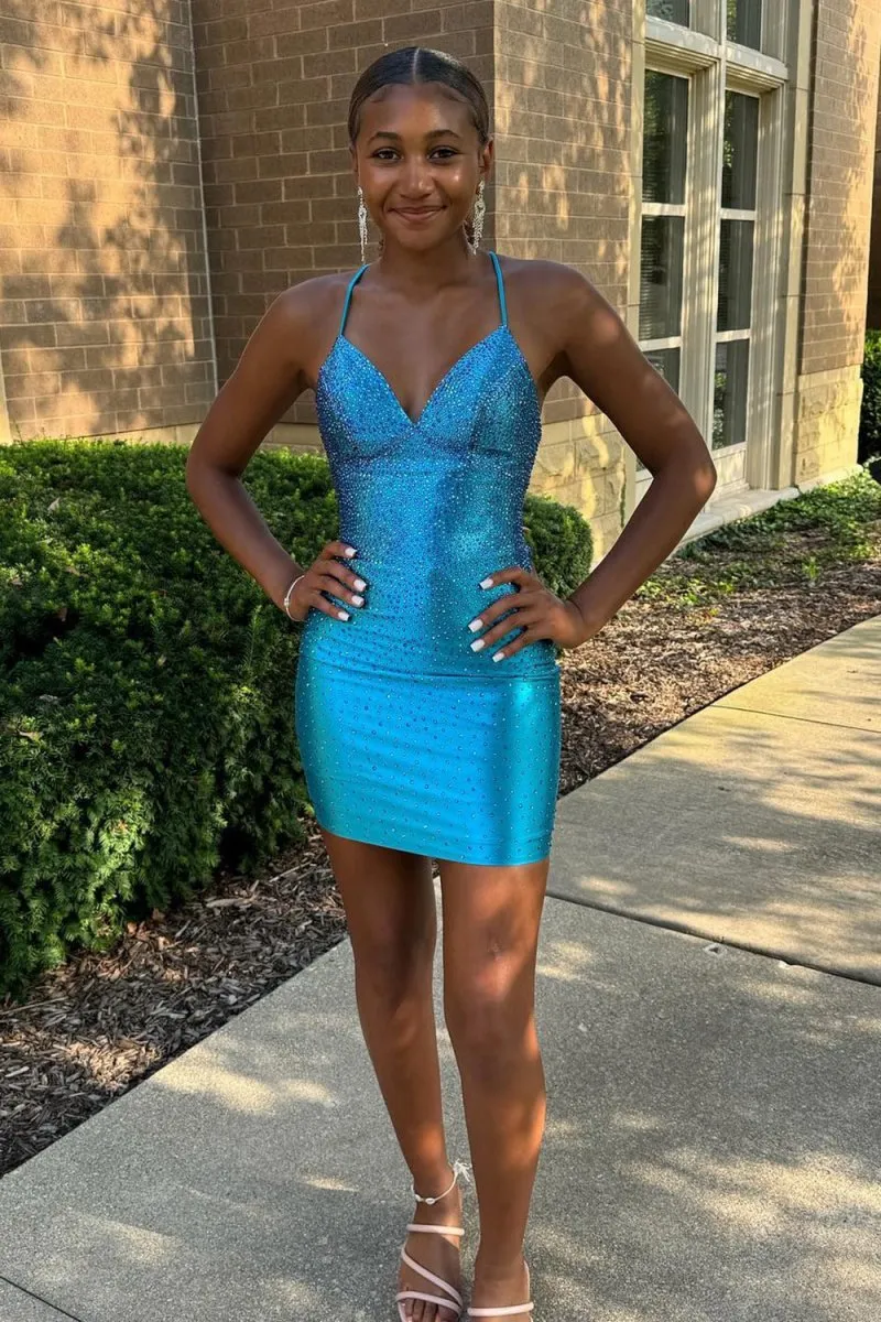 Spaghetti Straps Beaded Lace Up Homecoming Dresses