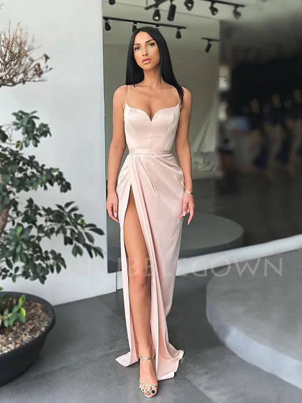 Spaghetti Straps Olive Green Satin Side Slit Long Evening Prom Dresses, Cheap Custom Prom Dresses, MR7603