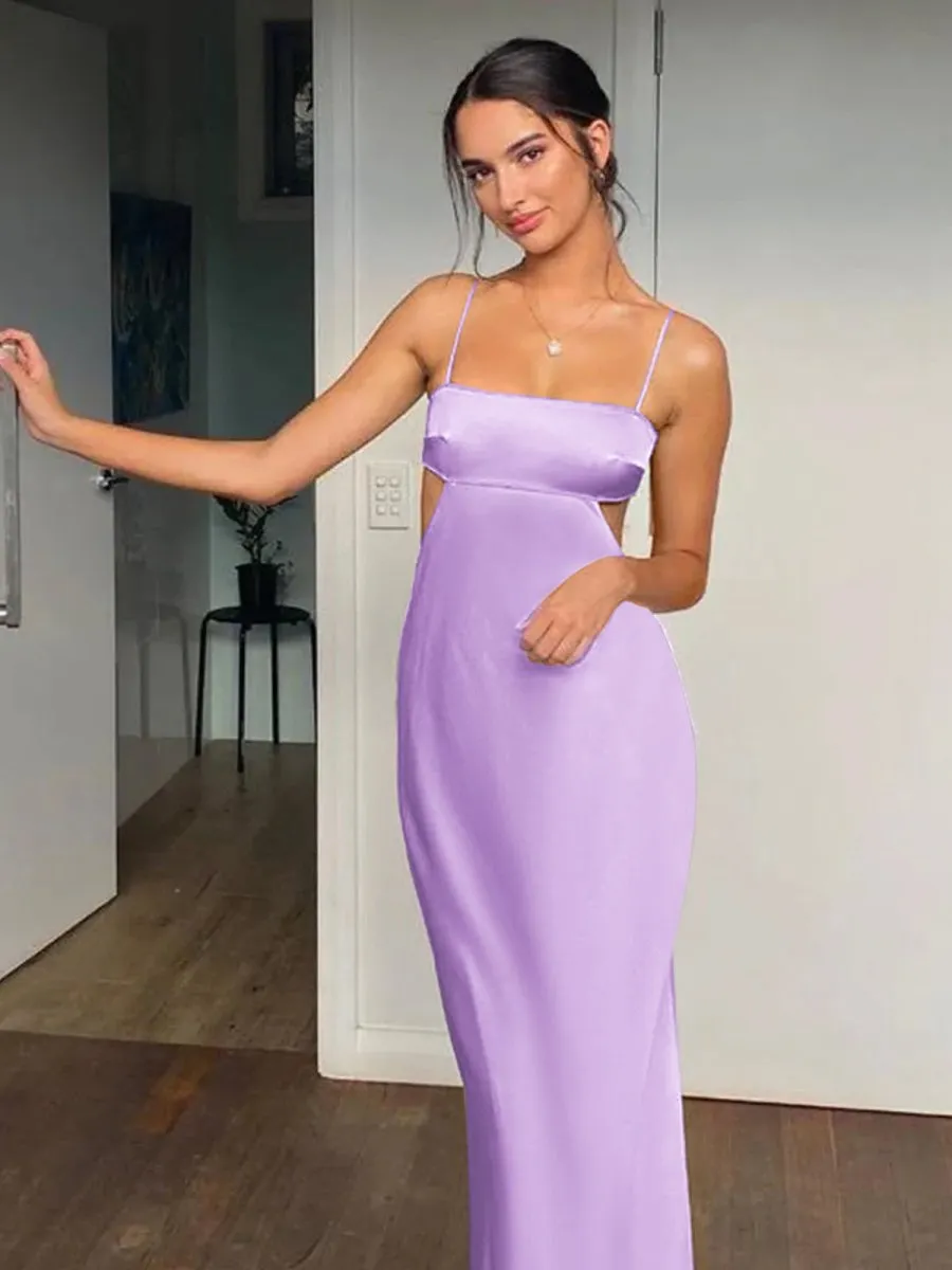 Spaghetti Straps Sheath Prom Dresses Formal Satin Party Dresses