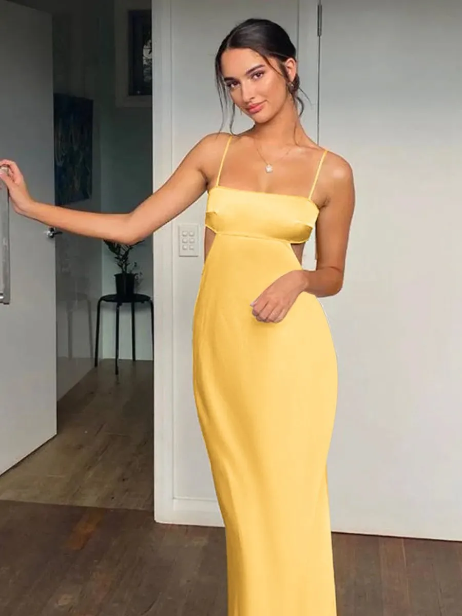 Spaghetti Straps Sheath Prom Dresses Formal Satin Party Dresses