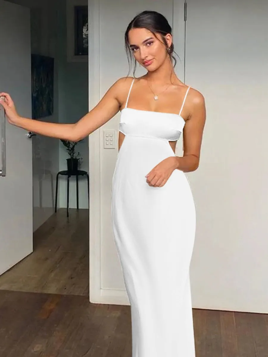 Spaghetti Straps Sheath Prom Dresses Formal Satin Party Dresses