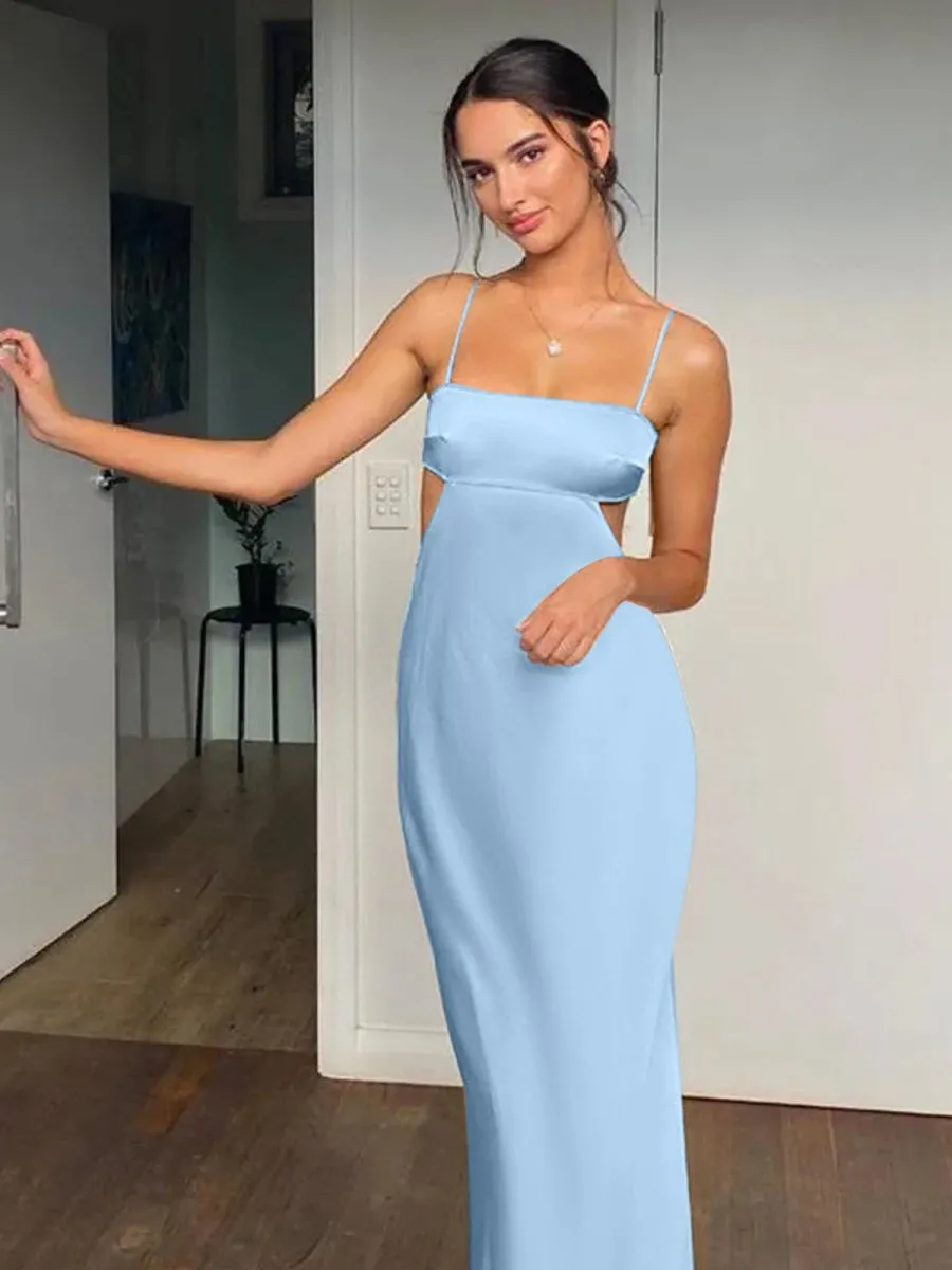 Spaghetti Straps Sheath Prom Dresses Formal Satin Party Dresses