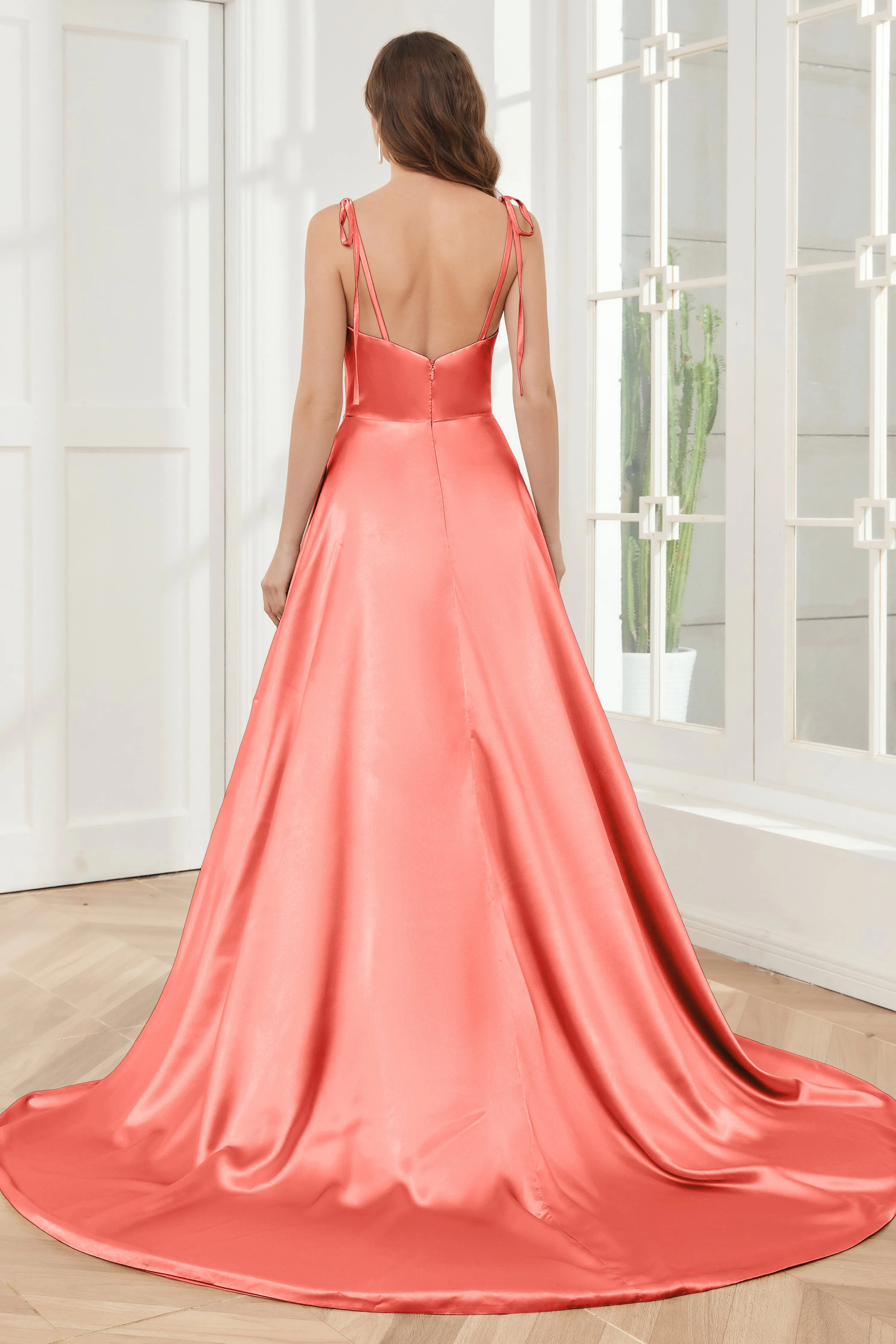 Spaghetti Straps Soft Satin Bridesmaid Dress with Train