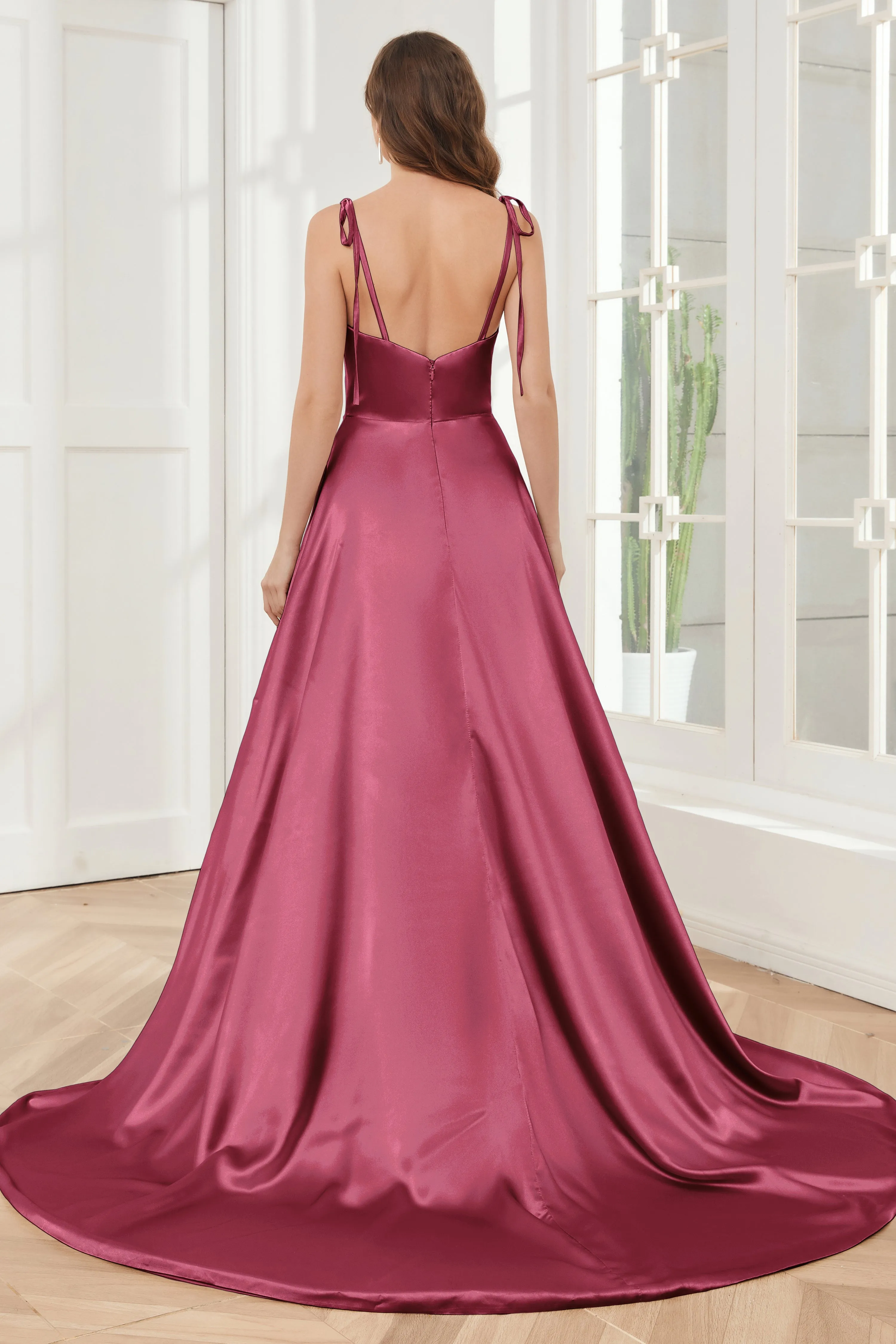 Spaghetti Straps Soft Satin Bridesmaid Dress with Train