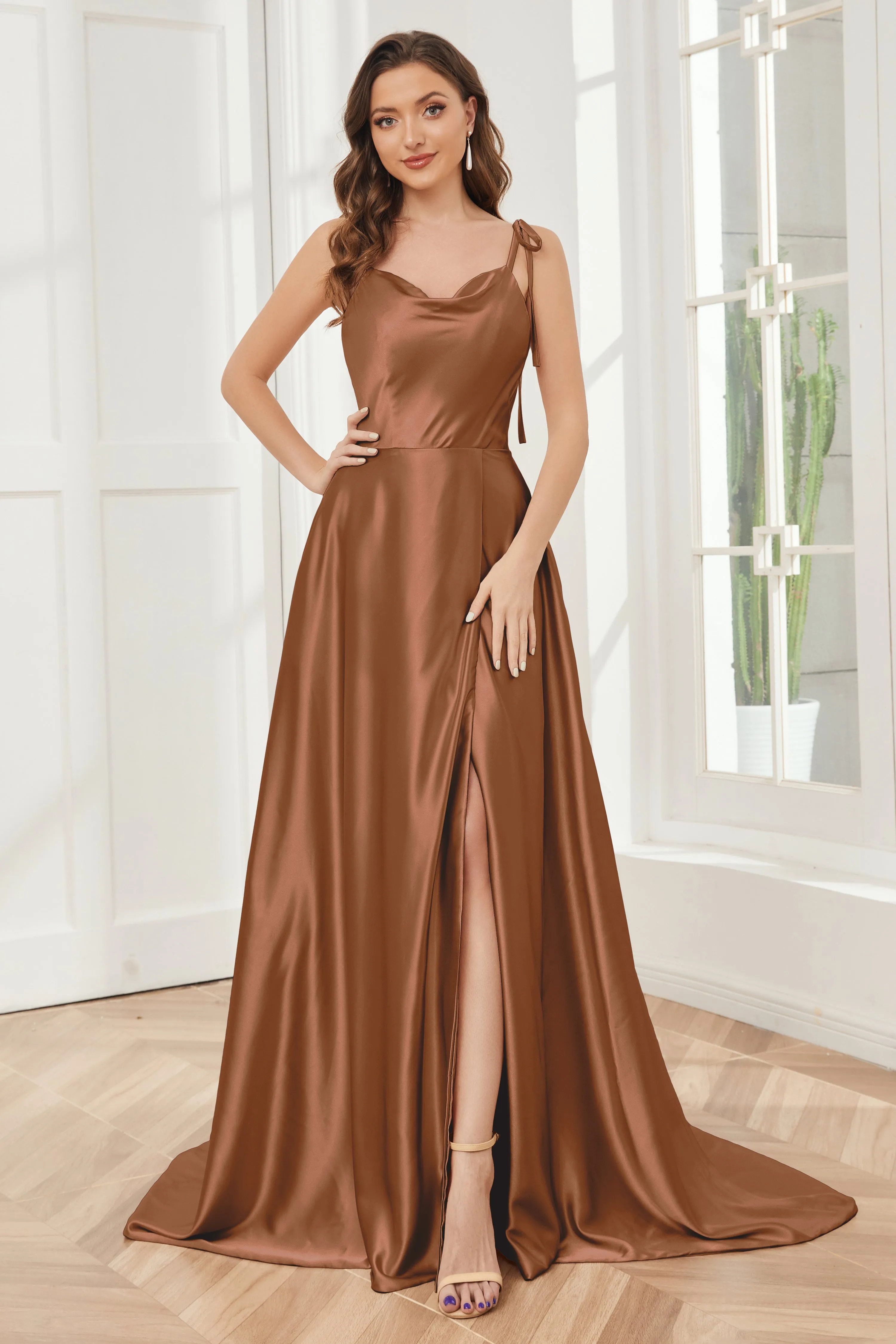 Spaghetti Straps Soft Satin Bridesmaid Dress with Train