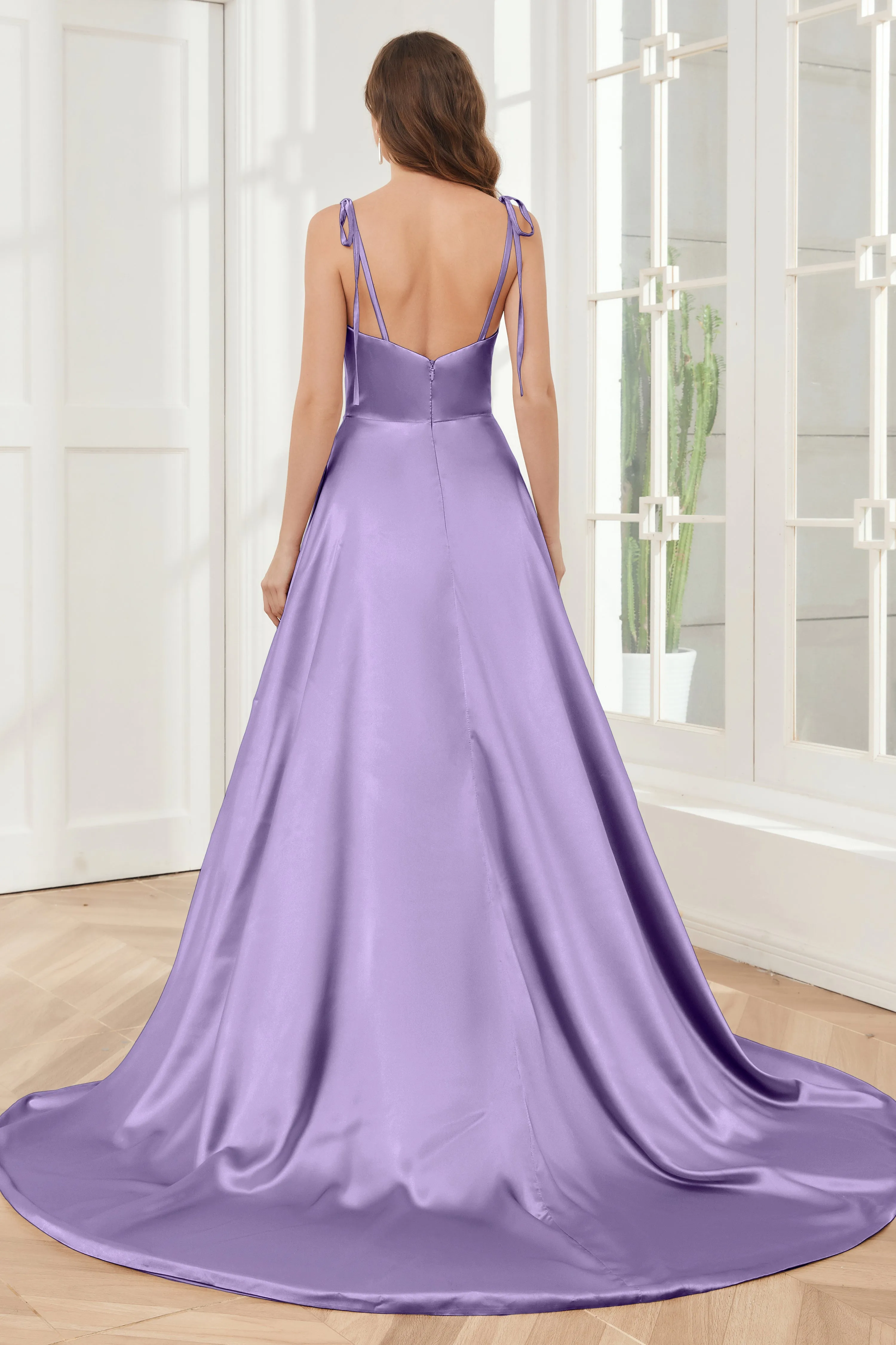 Spaghetti Straps Soft Satin Bridesmaid Dress with Train