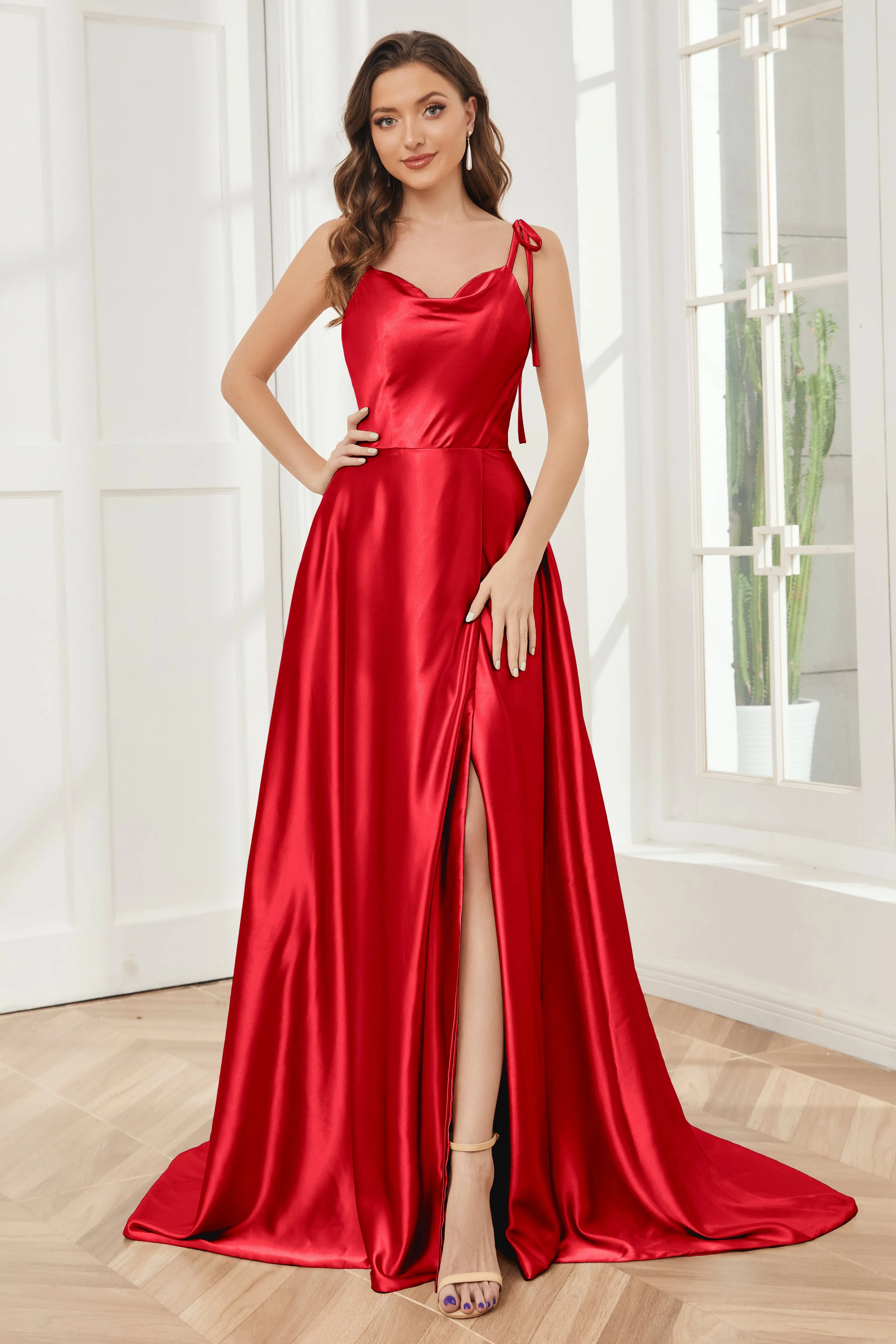 Spaghetti Straps Soft Satin Bridesmaid Dress with Train