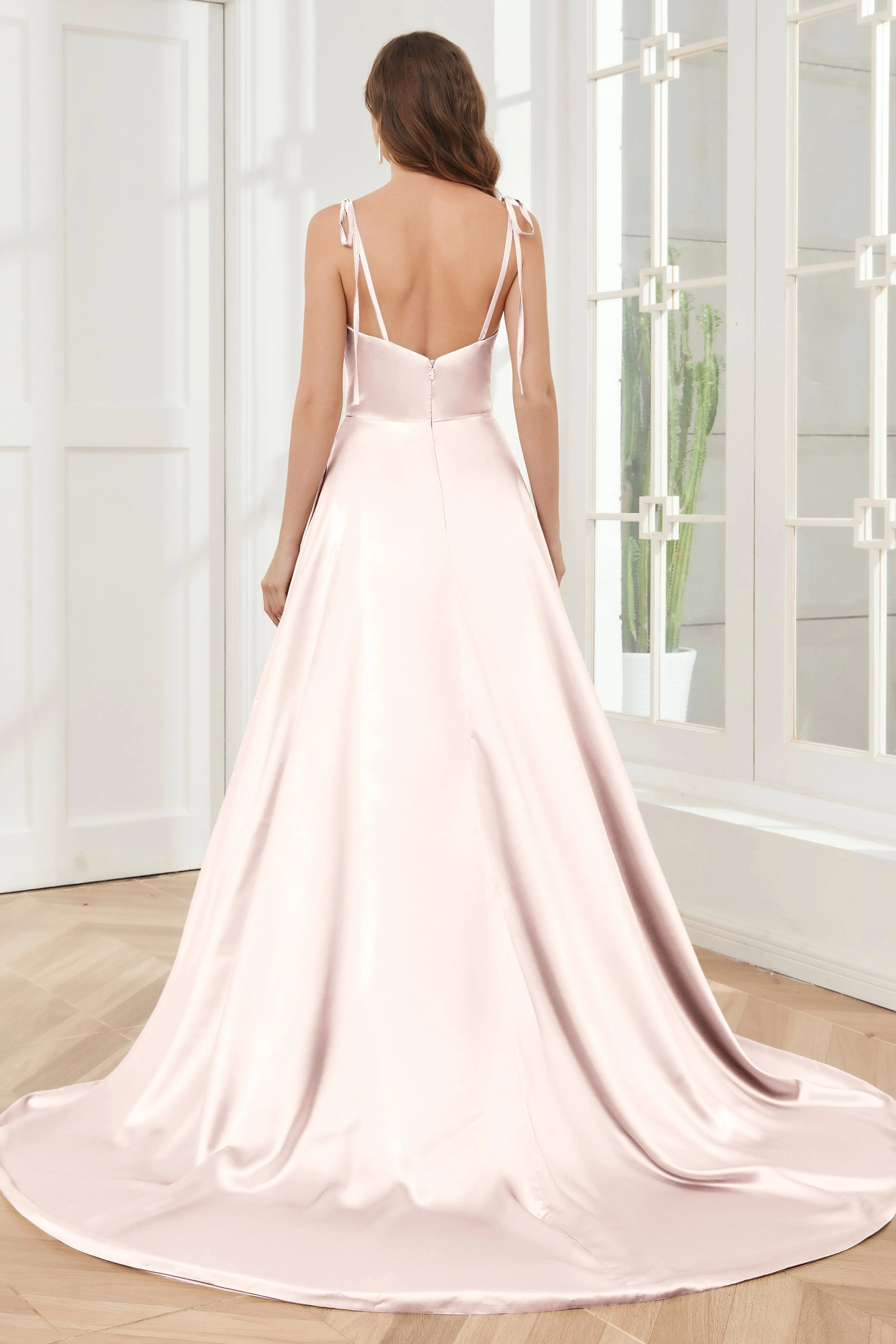 Spaghetti Straps Soft Satin Bridesmaid Dress with Train