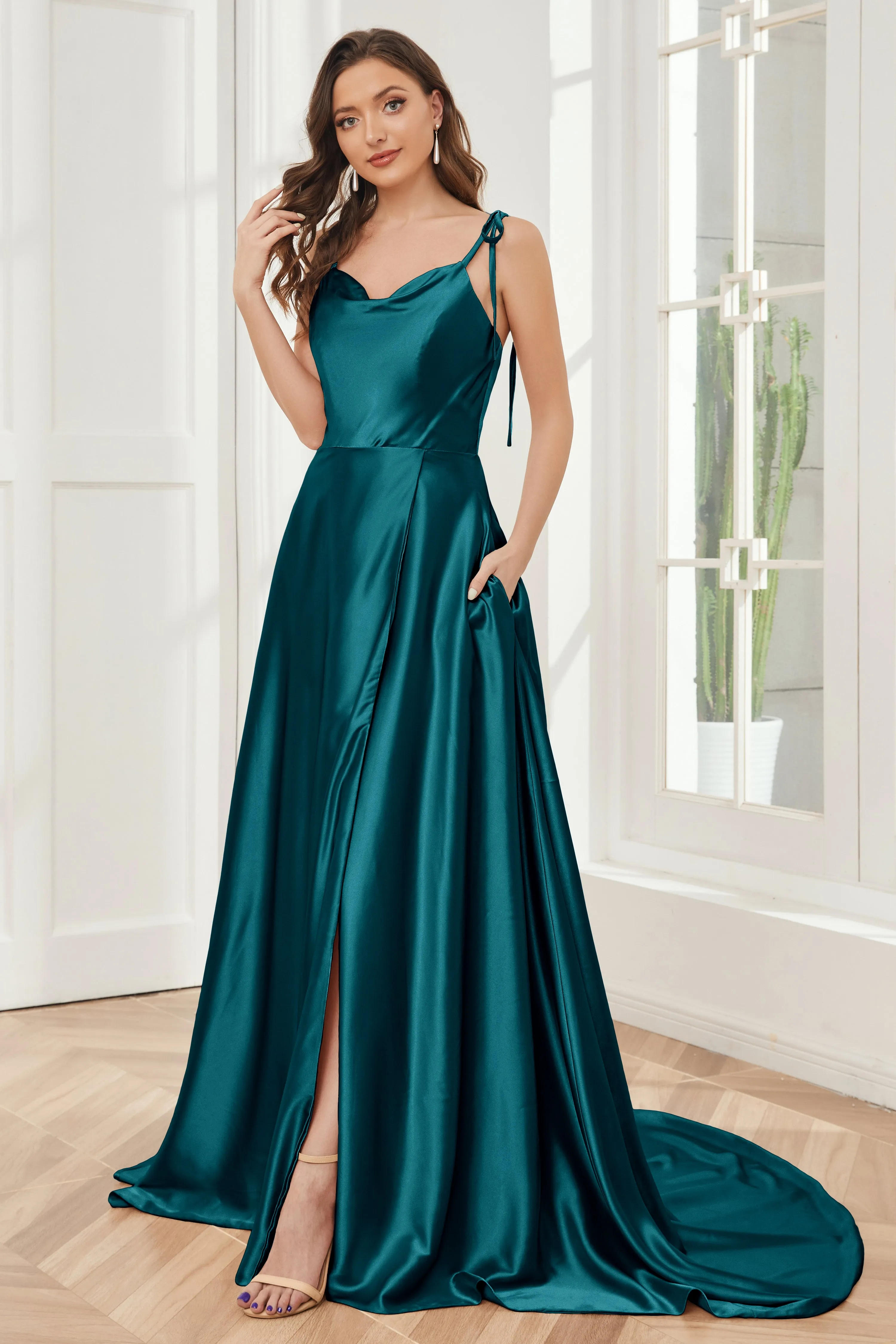 Spaghetti Straps Soft Satin Bridesmaid Dress with Train