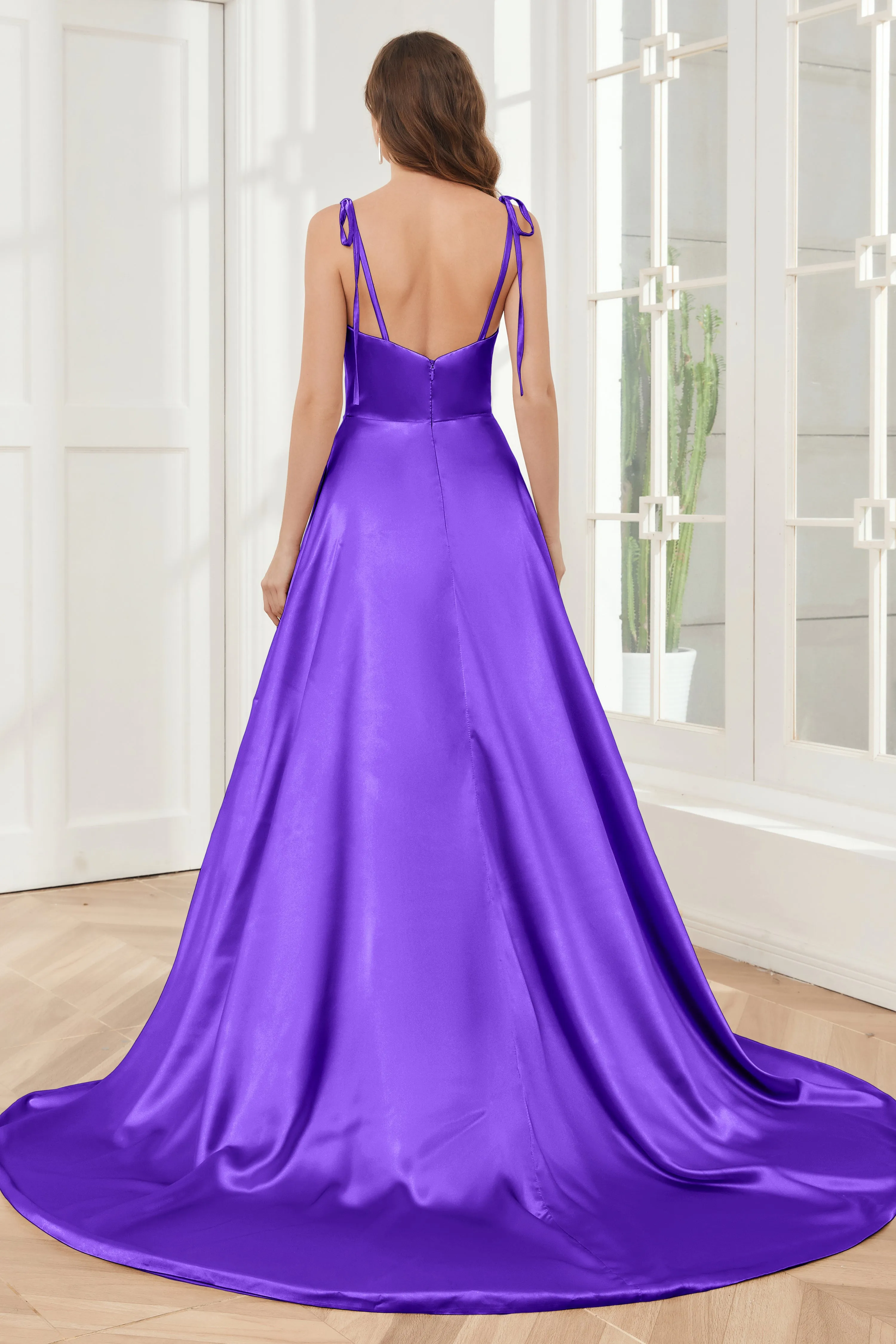 Spaghetti Straps Soft Satin Bridesmaid Dress with Train