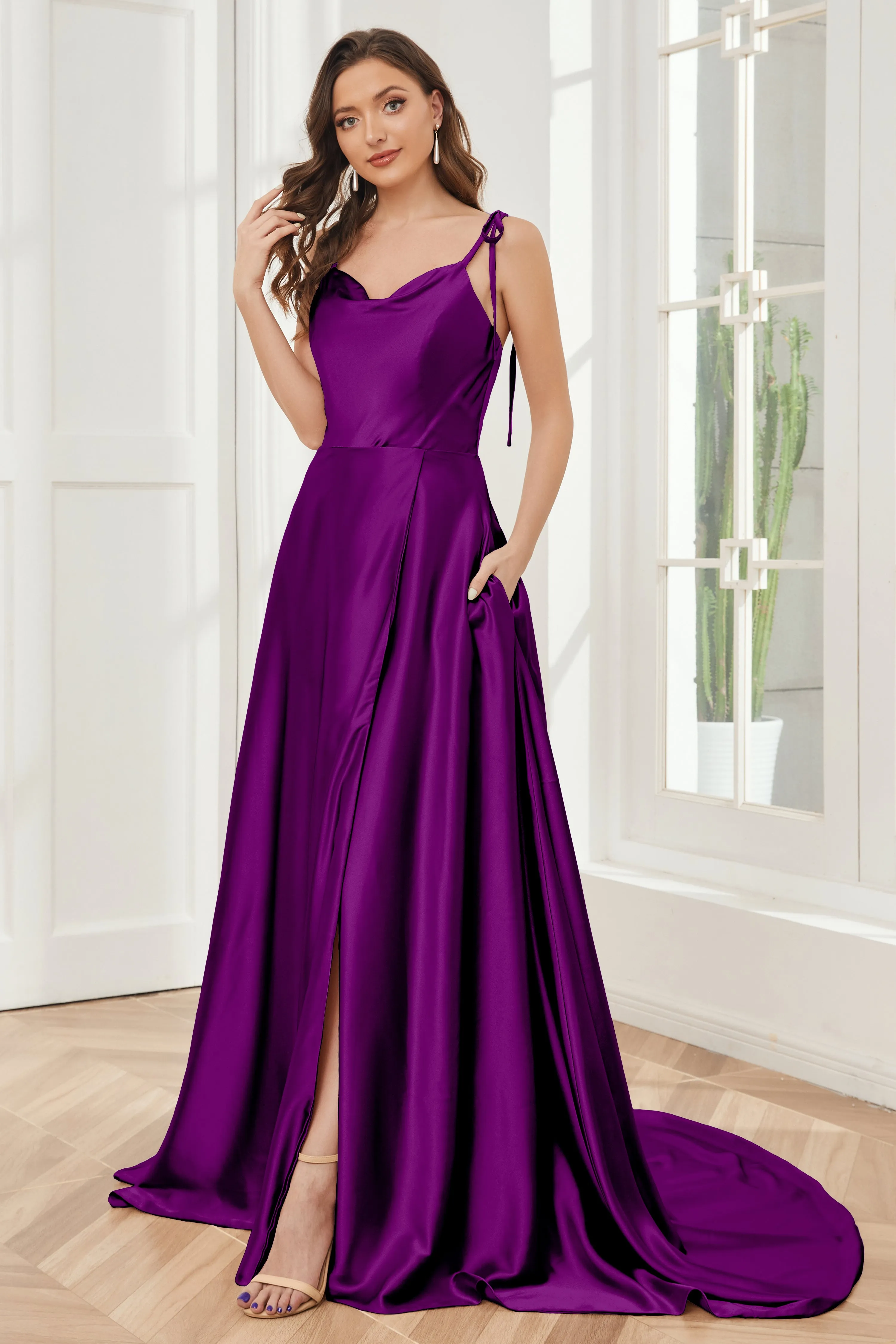 Spaghetti Straps Soft Satin Bridesmaid Dress with Train