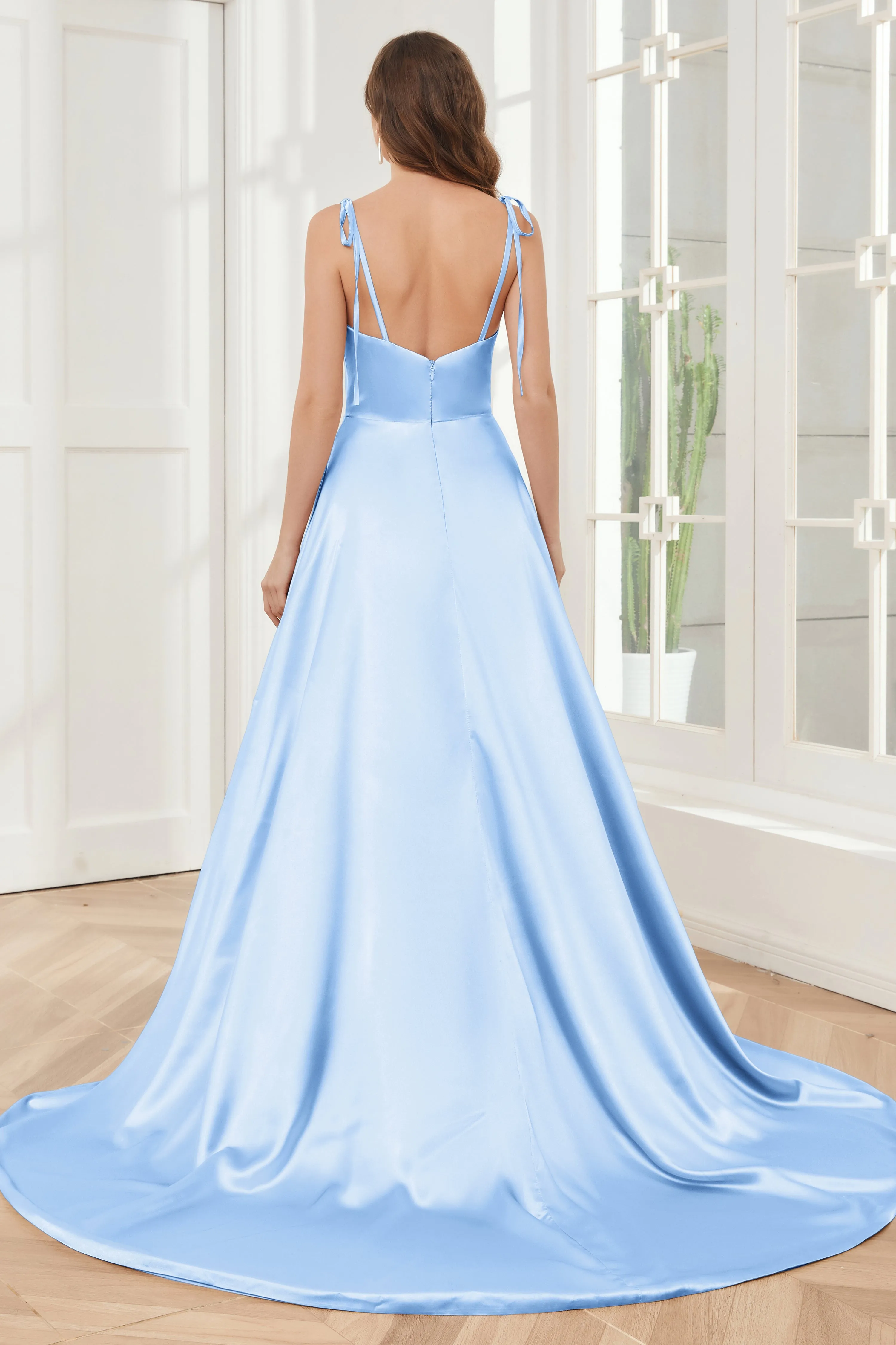 Spaghetti Straps Soft Satin Bridesmaid Dress with Train