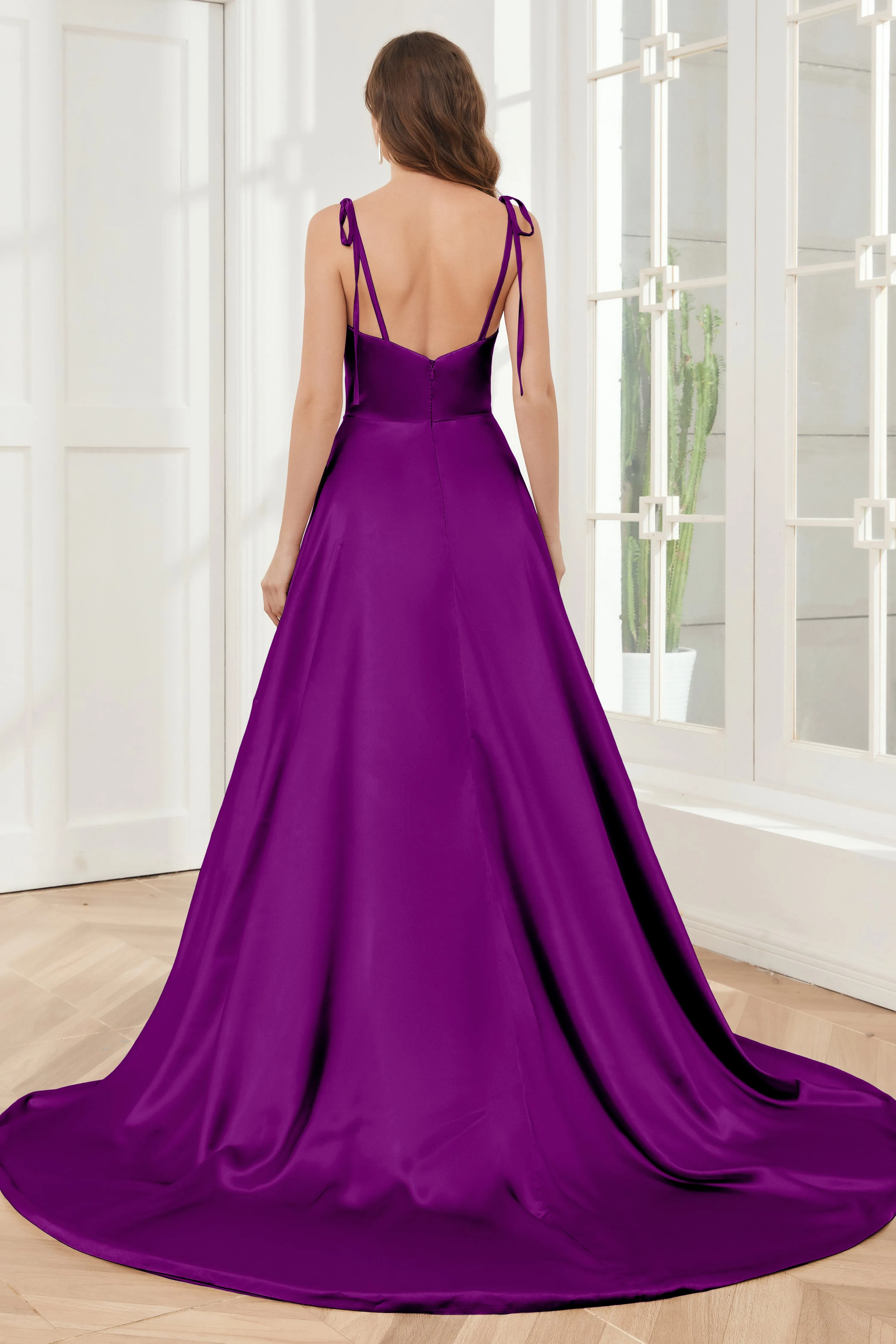 Spaghetti Straps Soft Satin Bridesmaid Dress with Train