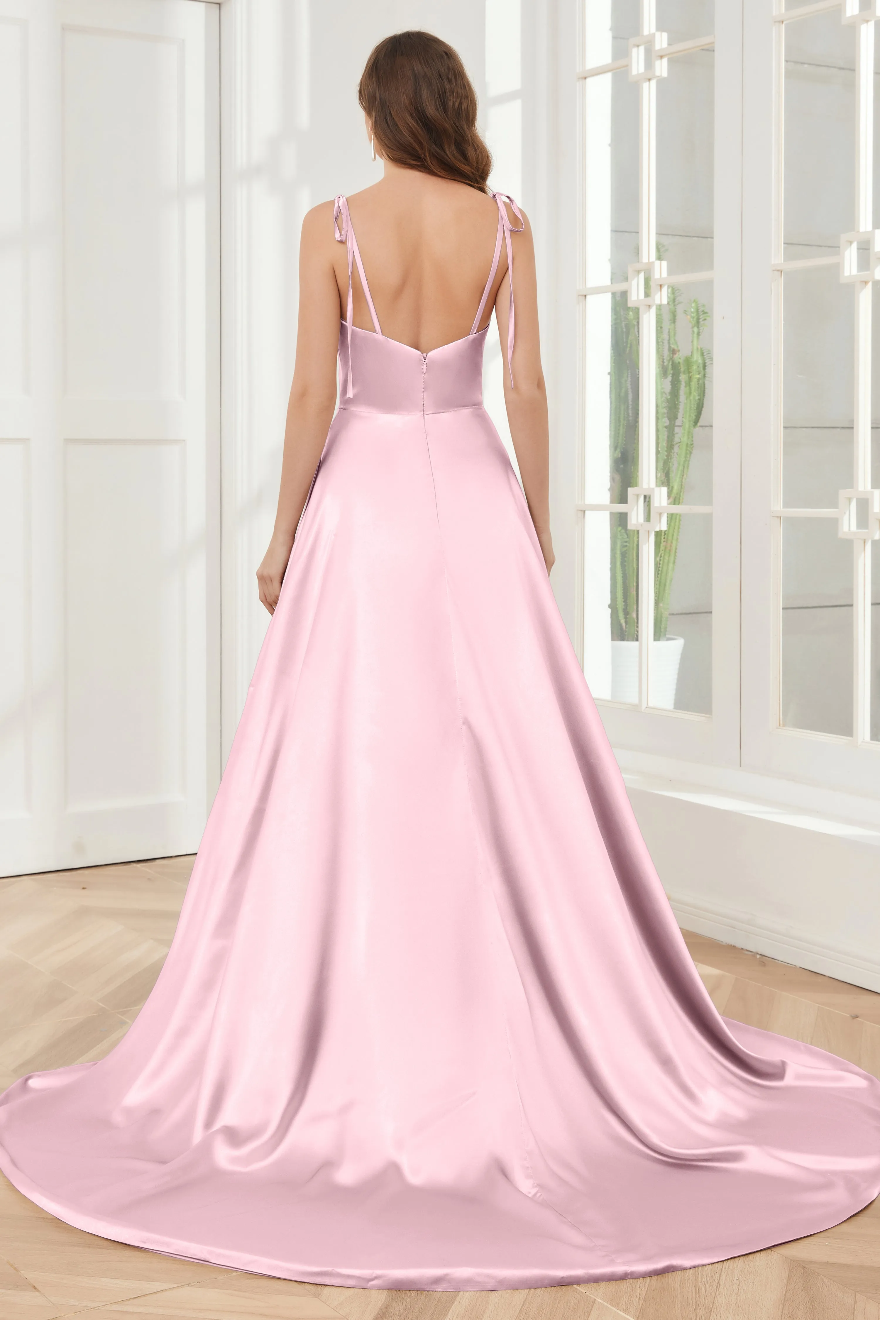 Spaghetti Straps Soft Satin Bridesmaid Dress with Train