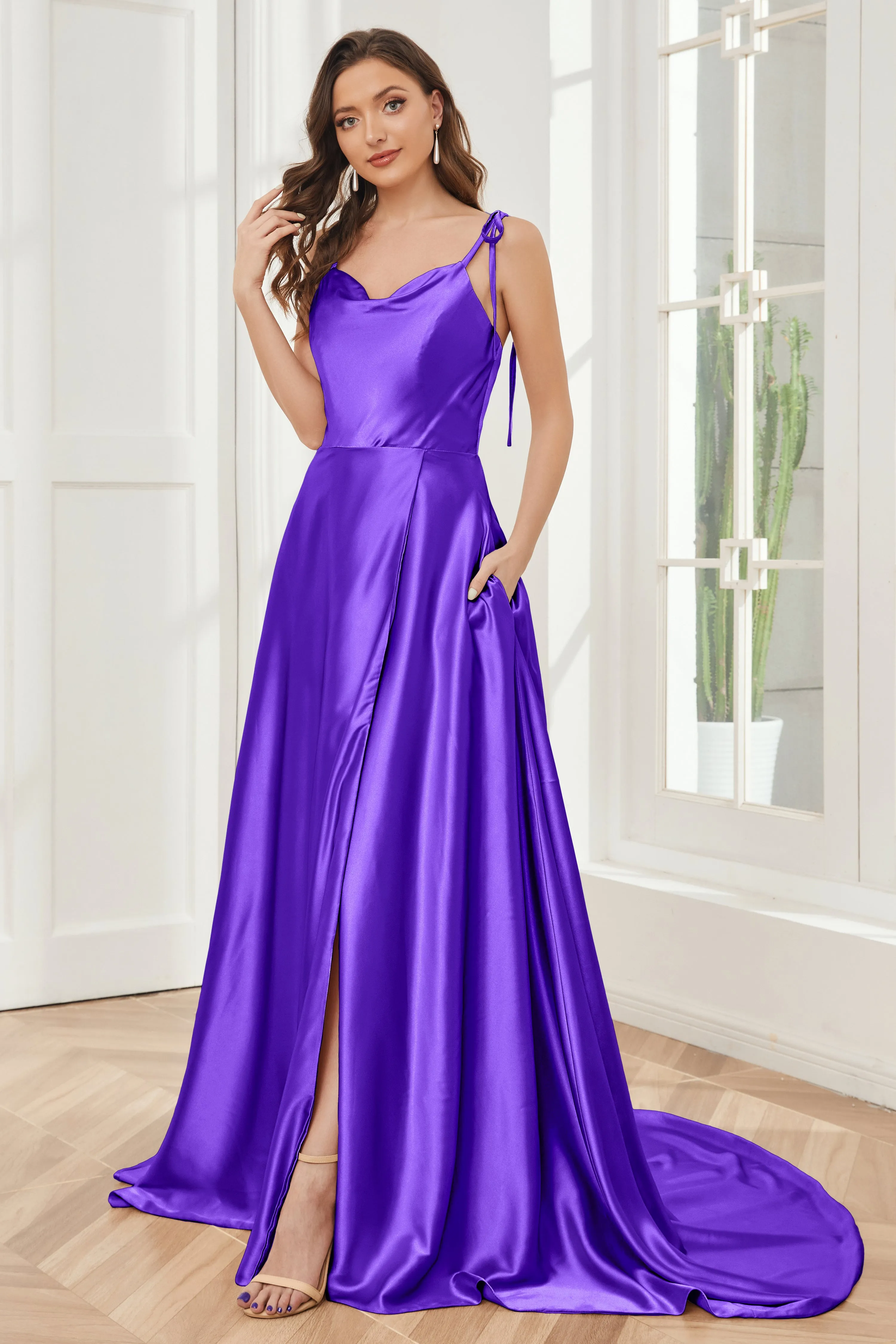 Spaghetti Straps Soft Satin Bridesmaid Dress with Train