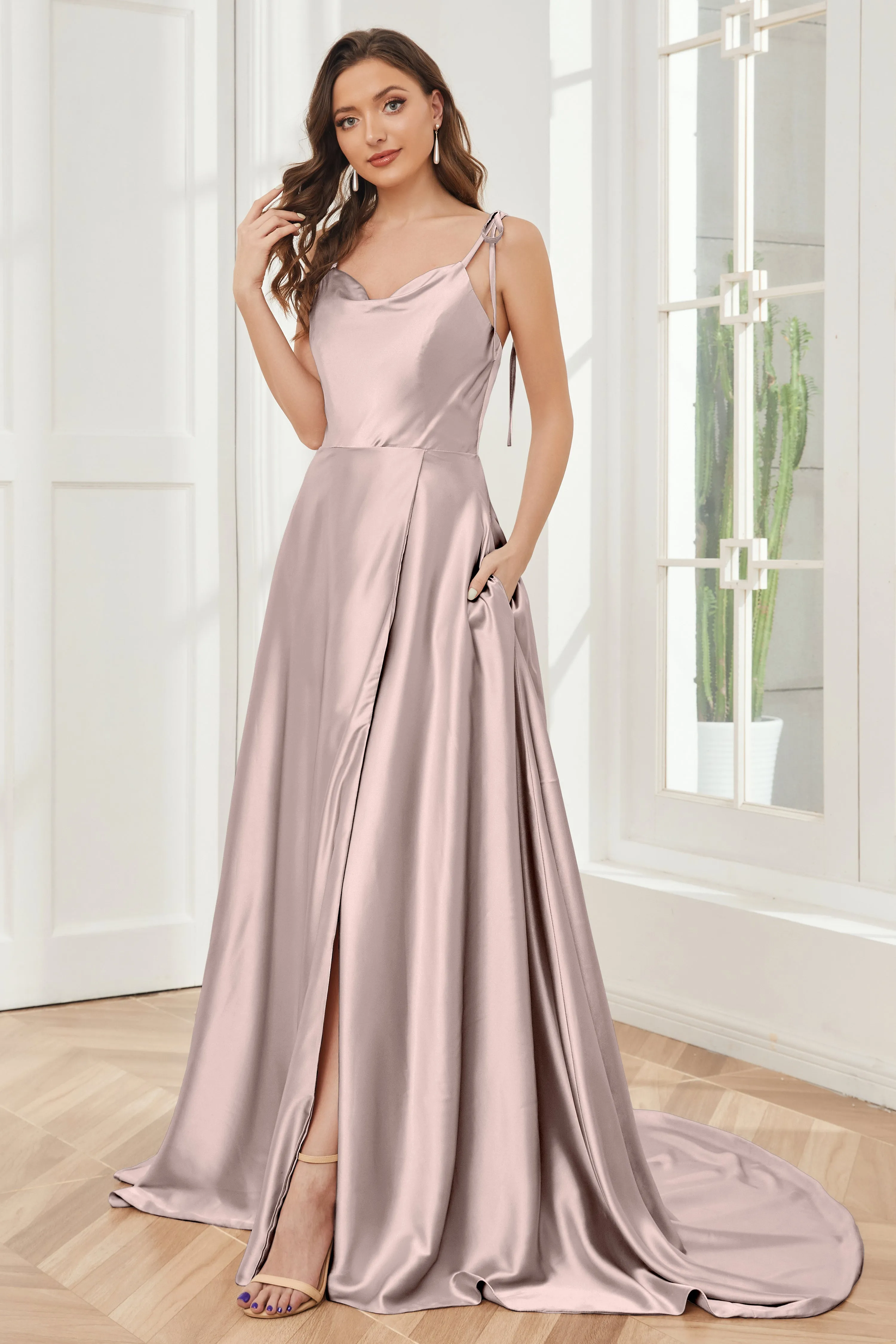 Spaghetti Straps Soft Satin Bridesmaid Dress with Train