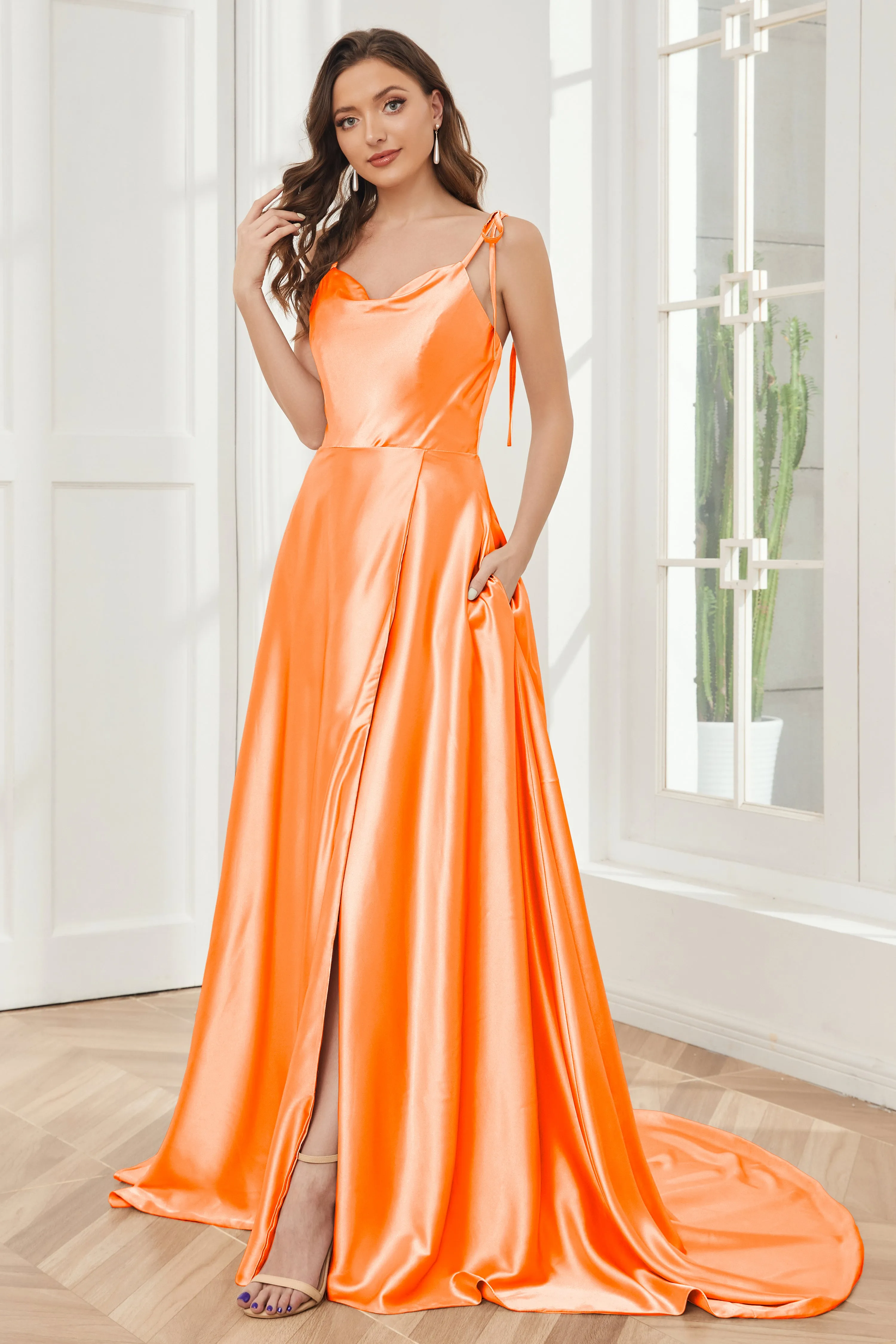 Spaghetti Straps Soft Satin Bridesmaid Dress with Train