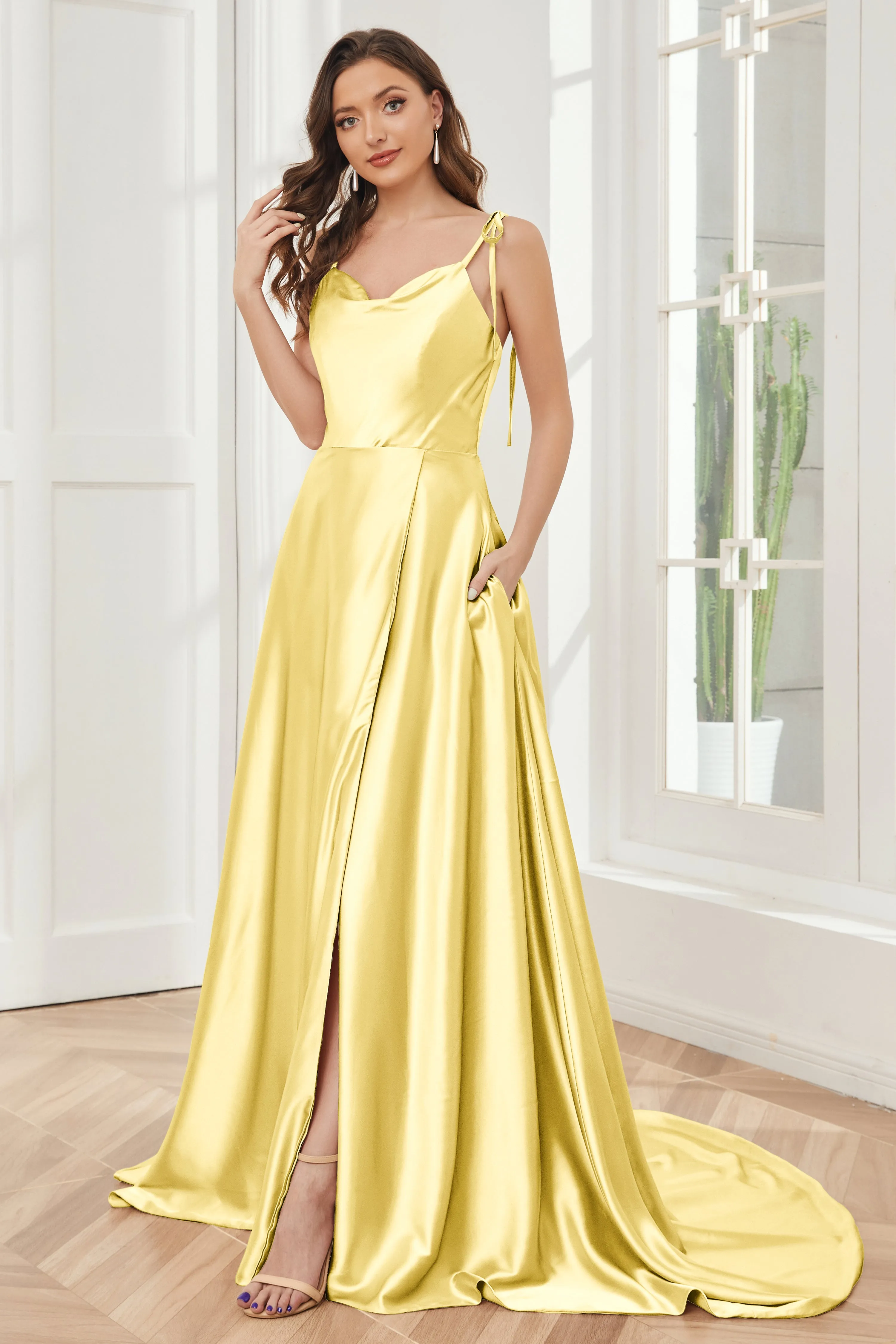 Spaghetti Straps Soft Satin Bridesmaid Dress with Train