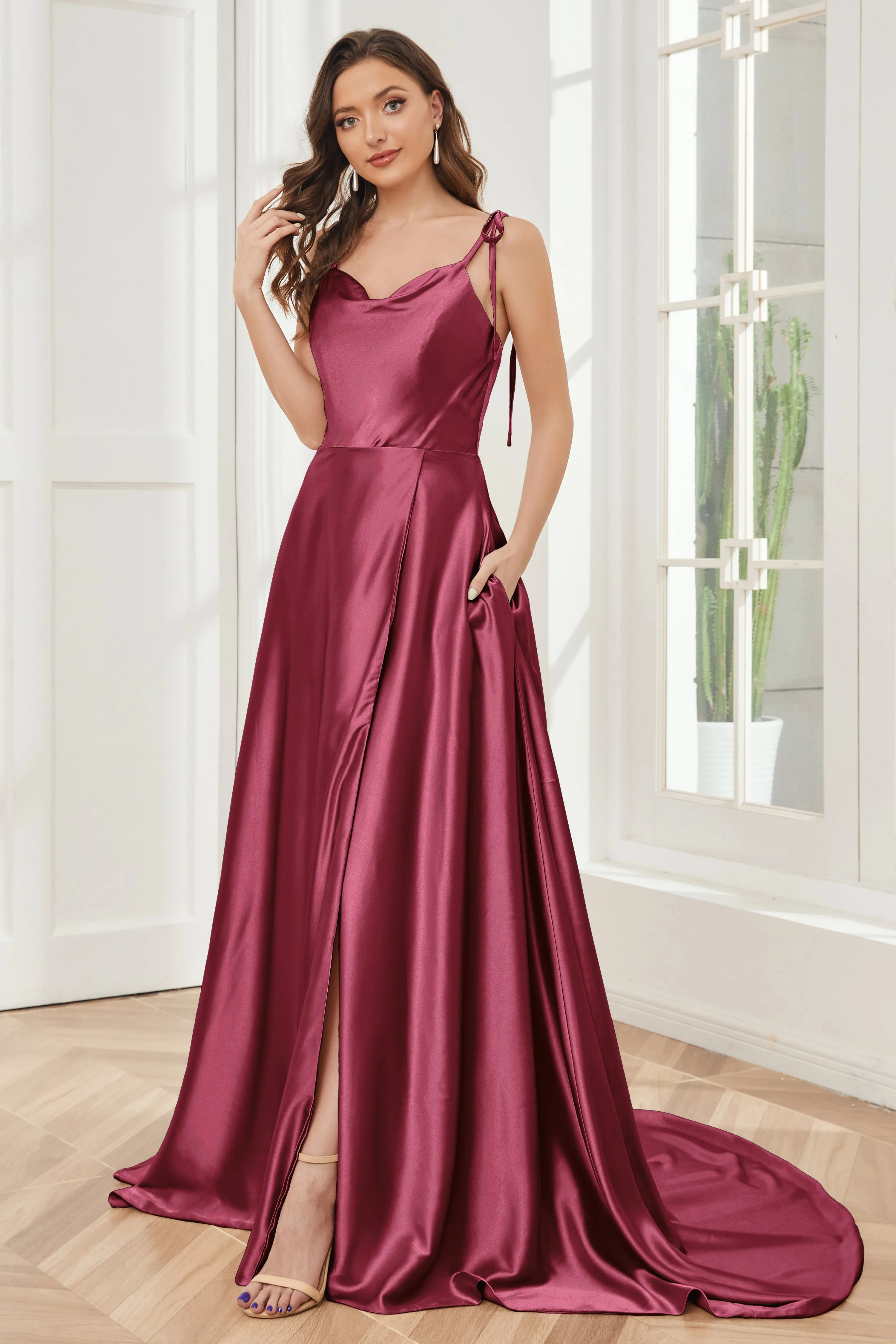 Spaghetti Straps Soft Satin Bridesmaid Dress with Train