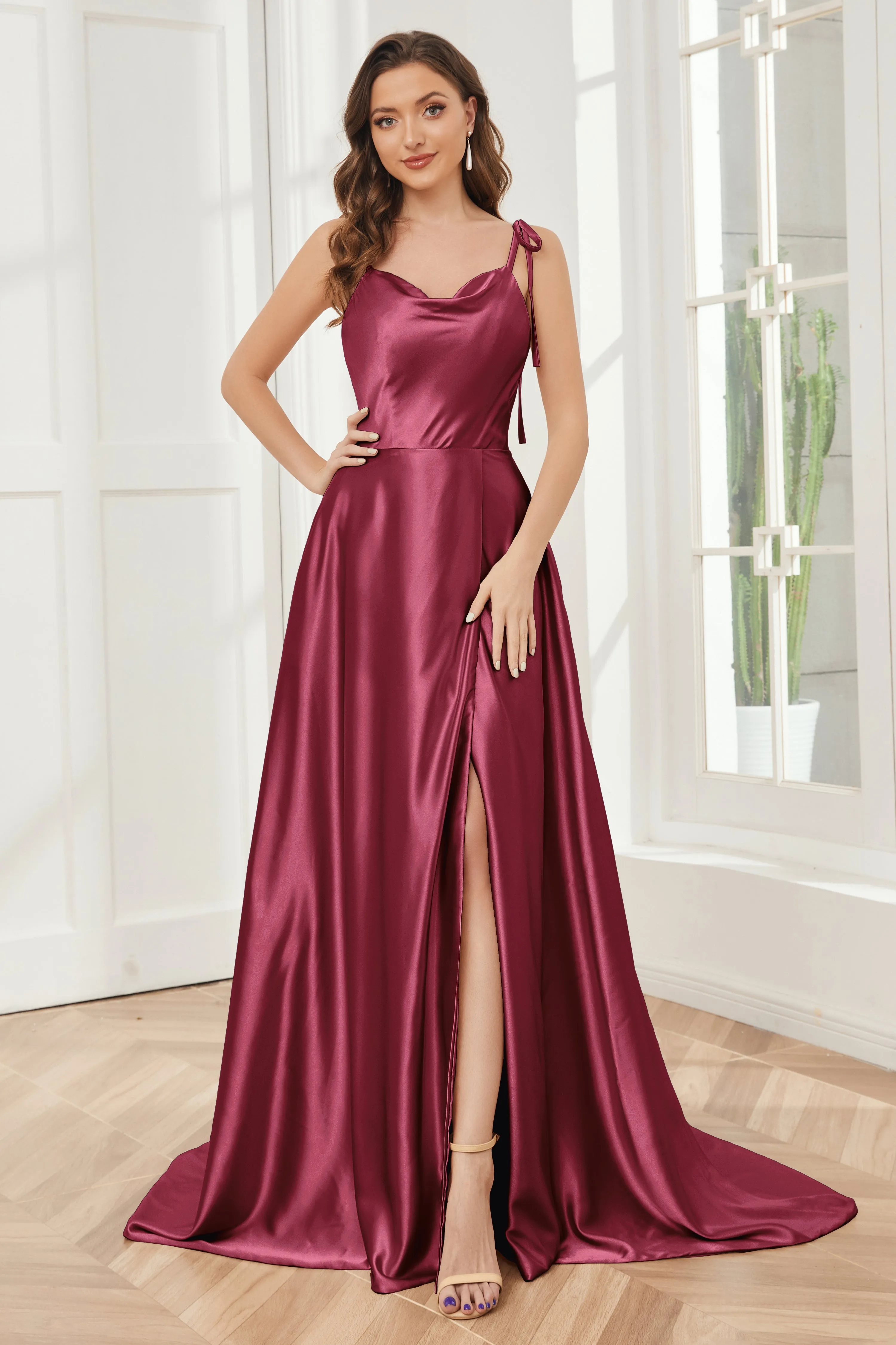 Spaghetti Straps Soft Satin Bridesmaid Dress with Train