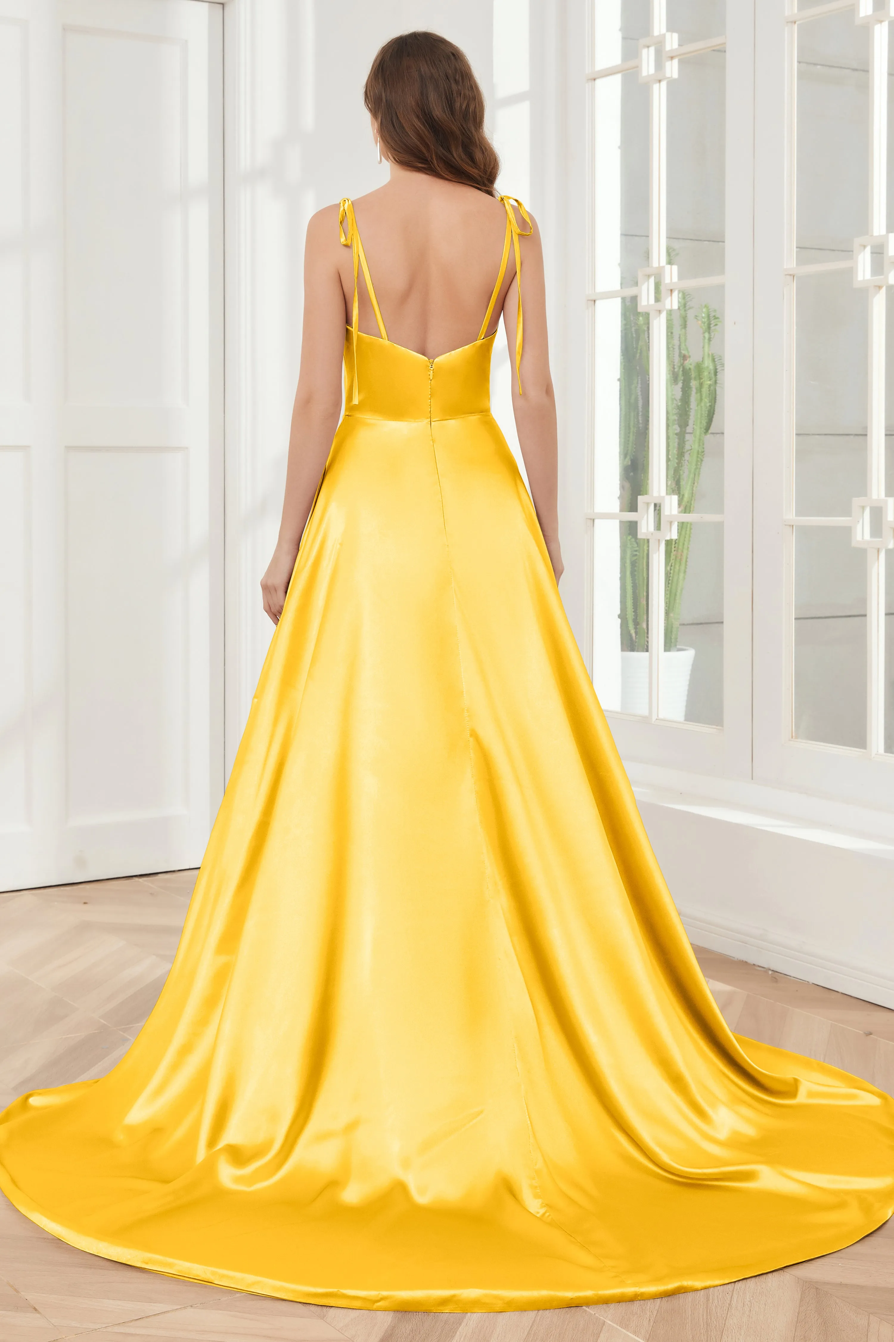 Spaghetti Straps Soft Satin Bridesmaid Dress with Train