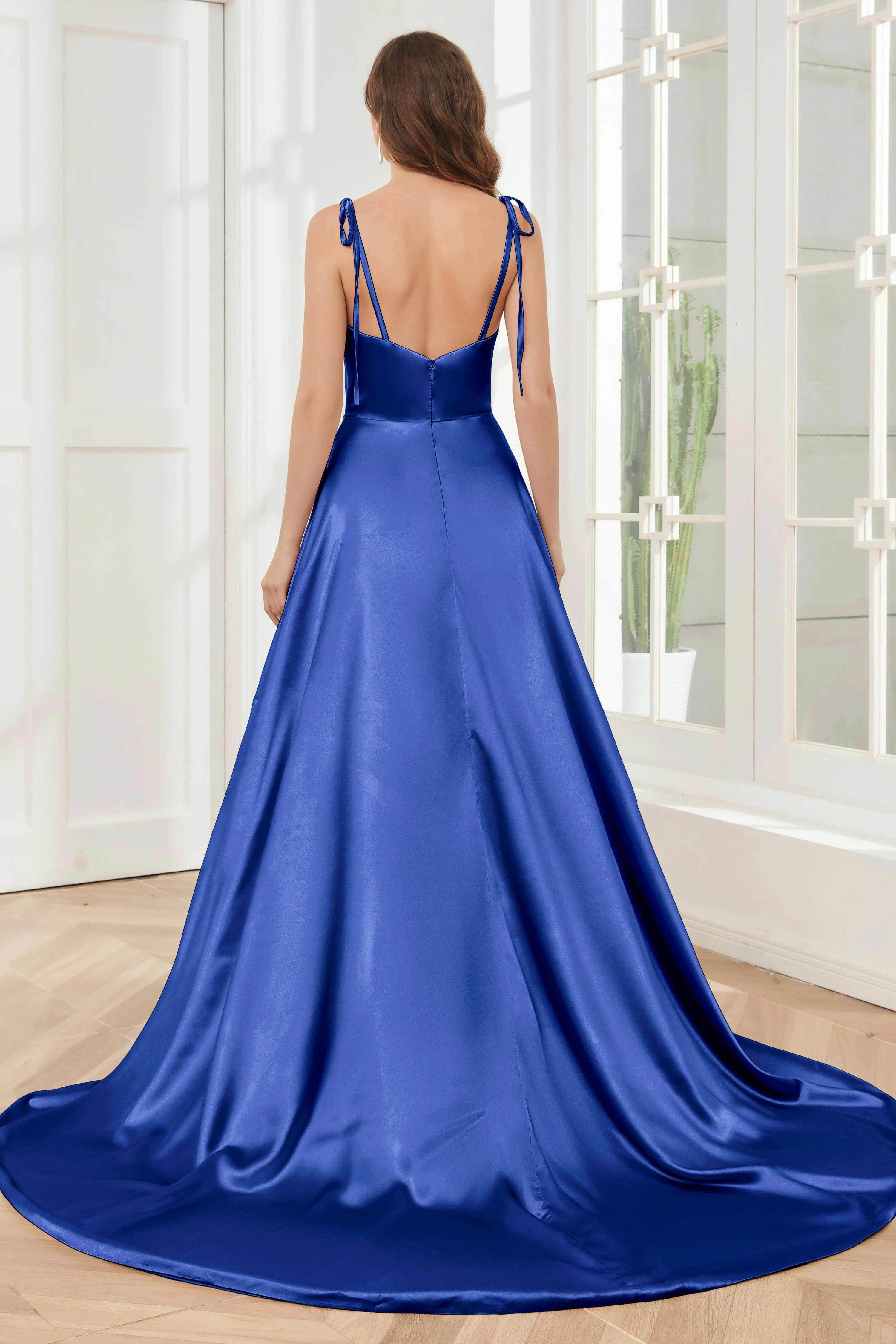 Spaghetti Straps Soft Satin Bridesmaid Dress with Train