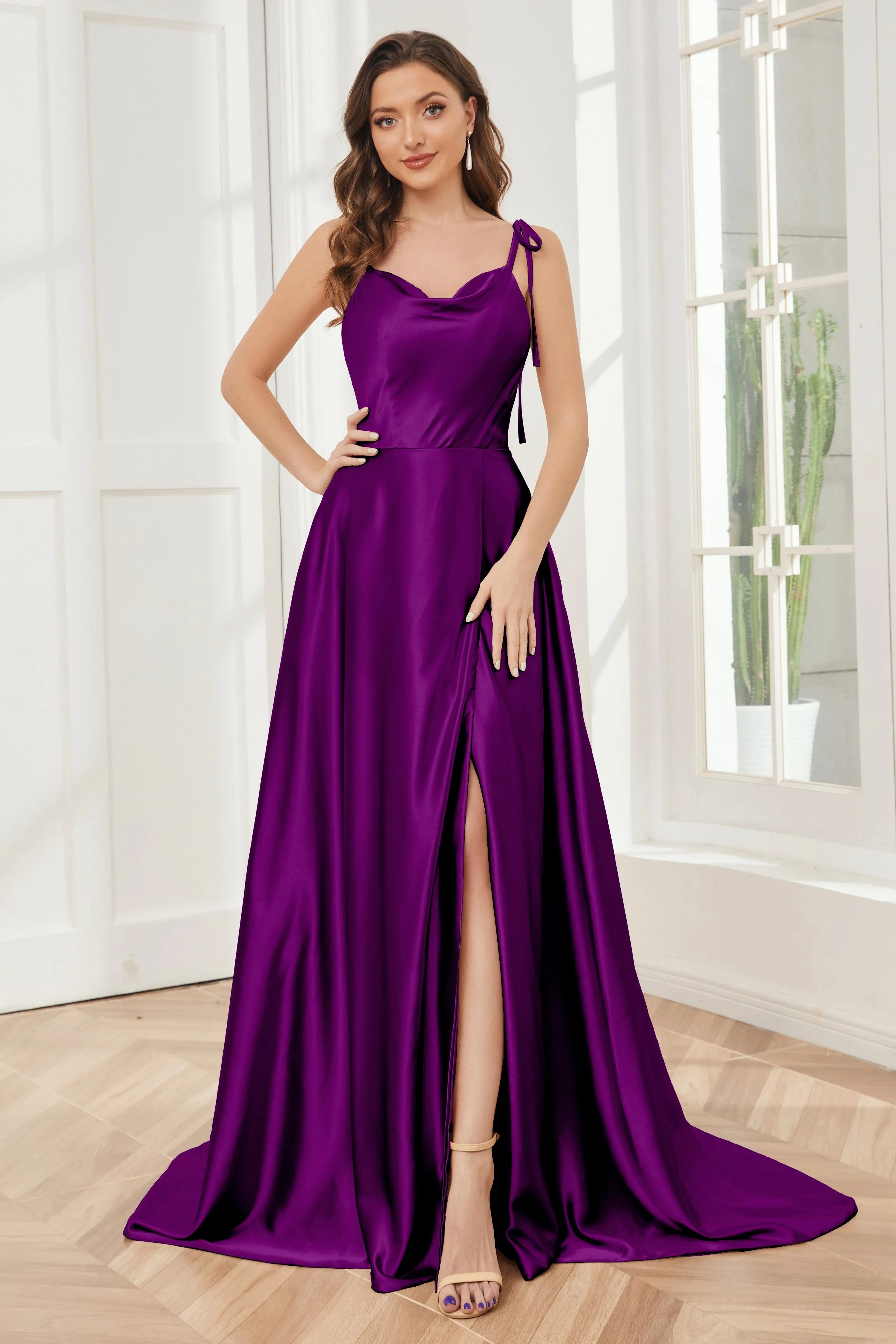 Spaghetti Straps Soft Satin Bridesmaid Dress with Train
