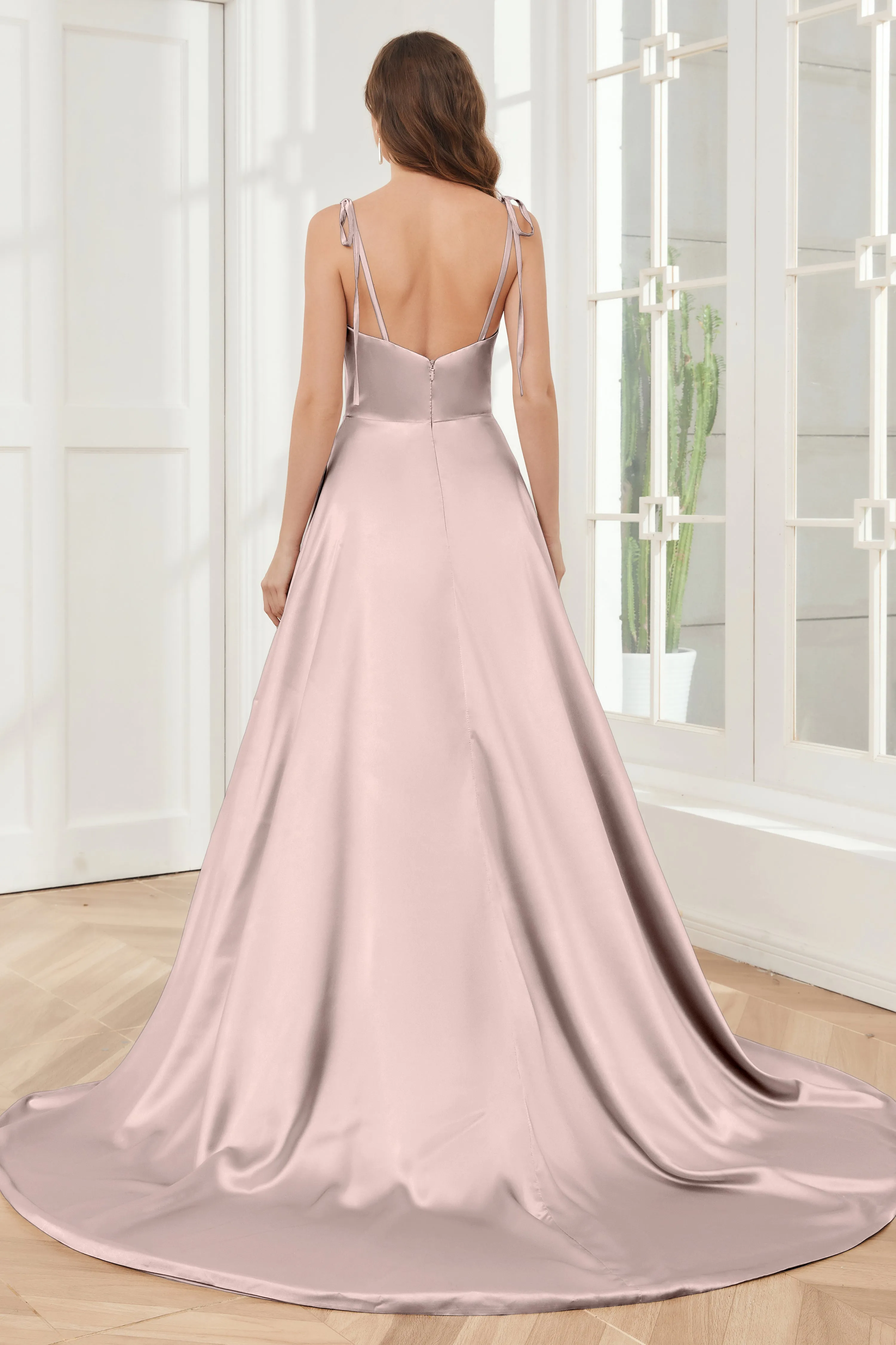 Spaghetti Straps Soft Satin Bridesmaid Dress with Train