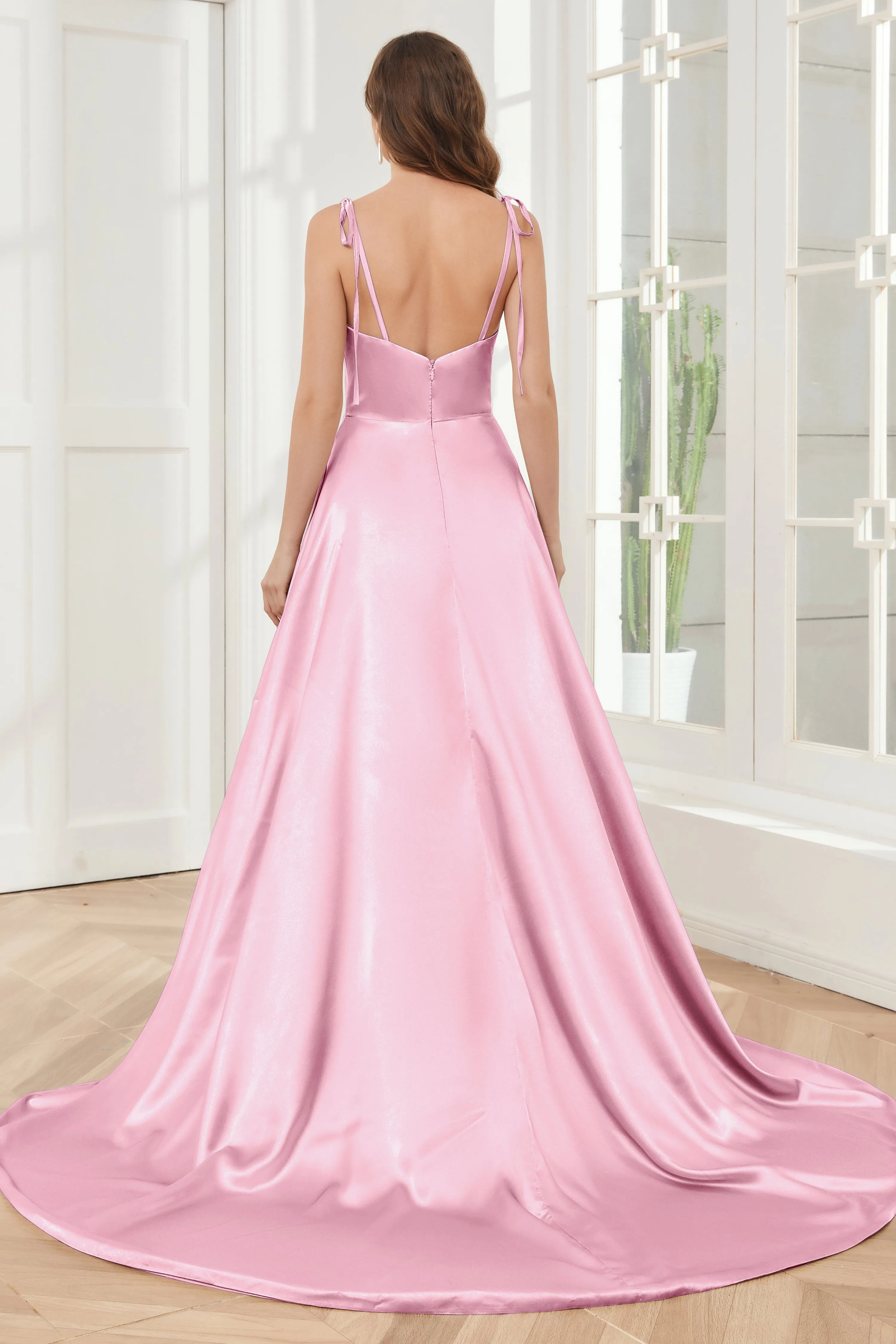 Spaghetti Straps Soft Satin Bridesmaid Dress with Train