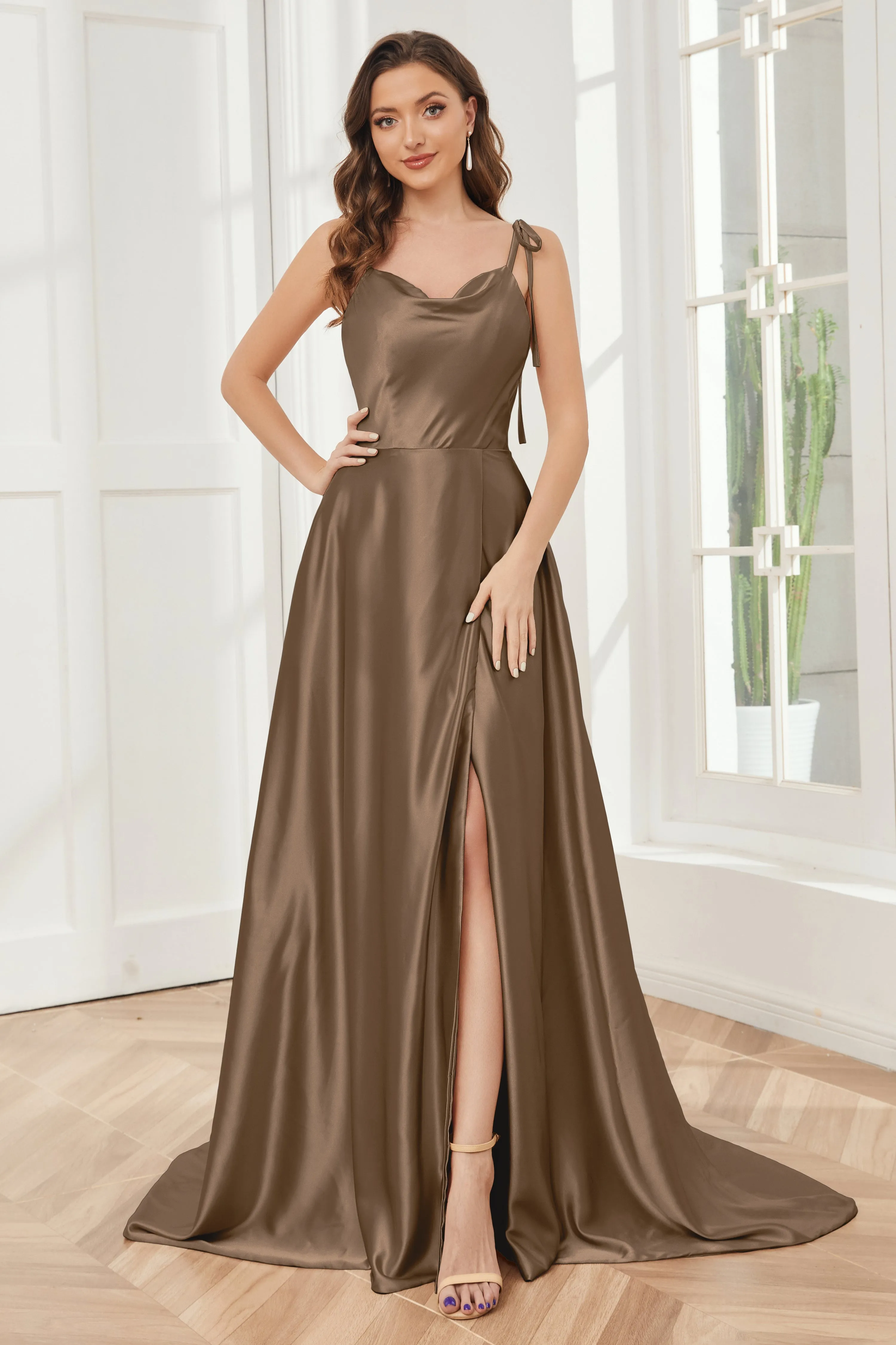 Spaghetti Straps Soft Satin Bridesmaid Dress with Train