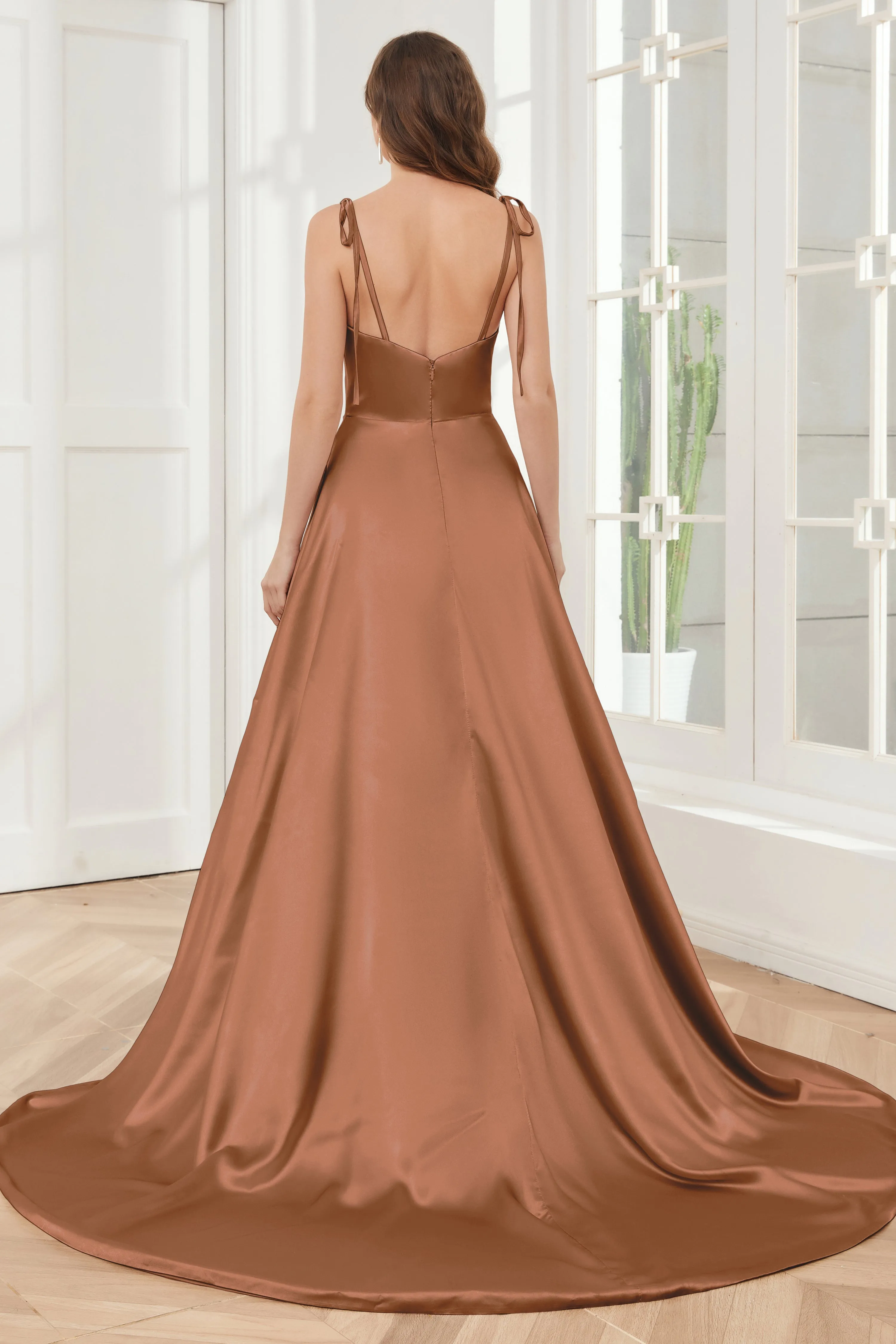 Spaghetti Straps Soft Satin Bridesmaid Dress with Train