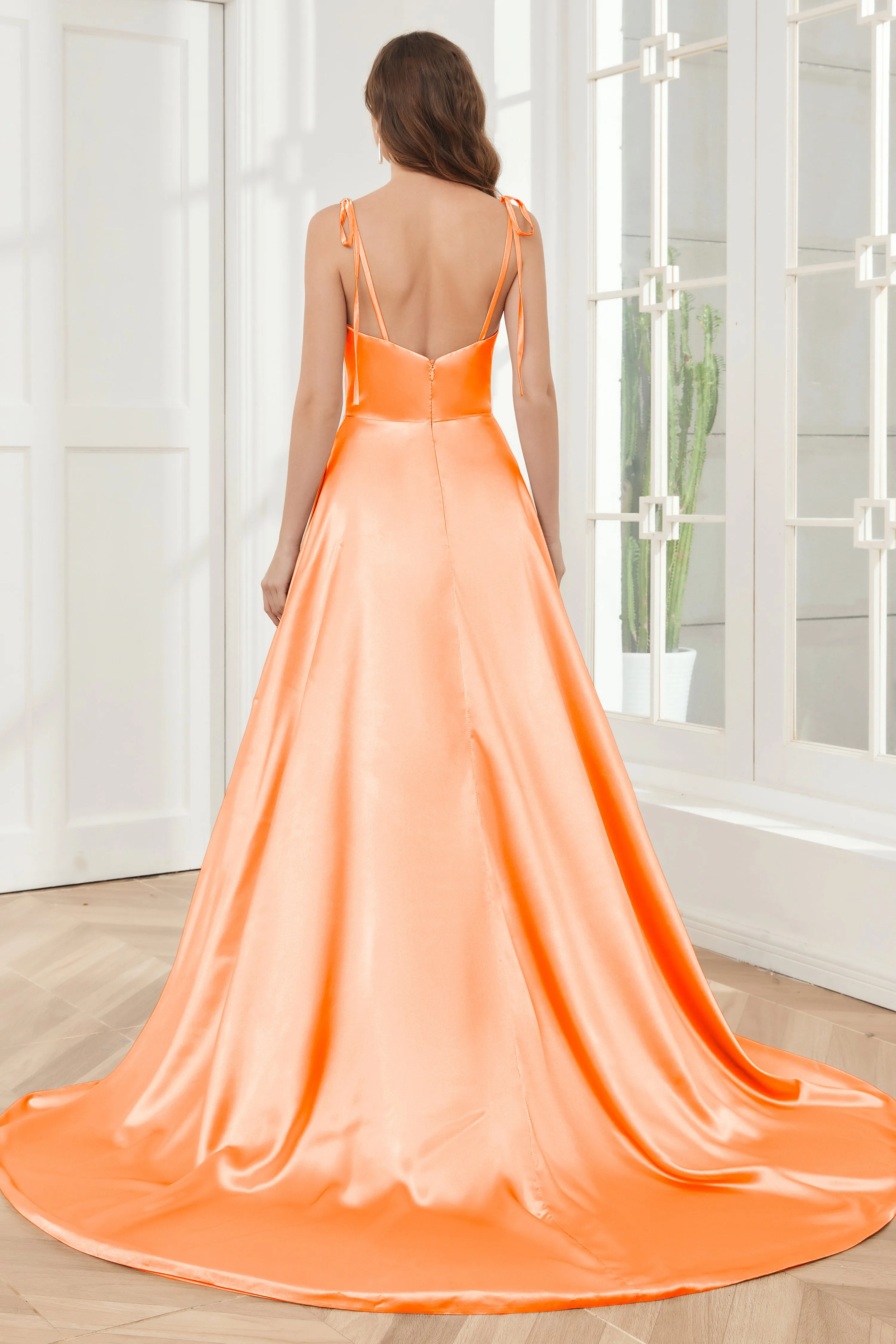 Spaghetti Straps Soft Satin Bridesmaid Dress with Train