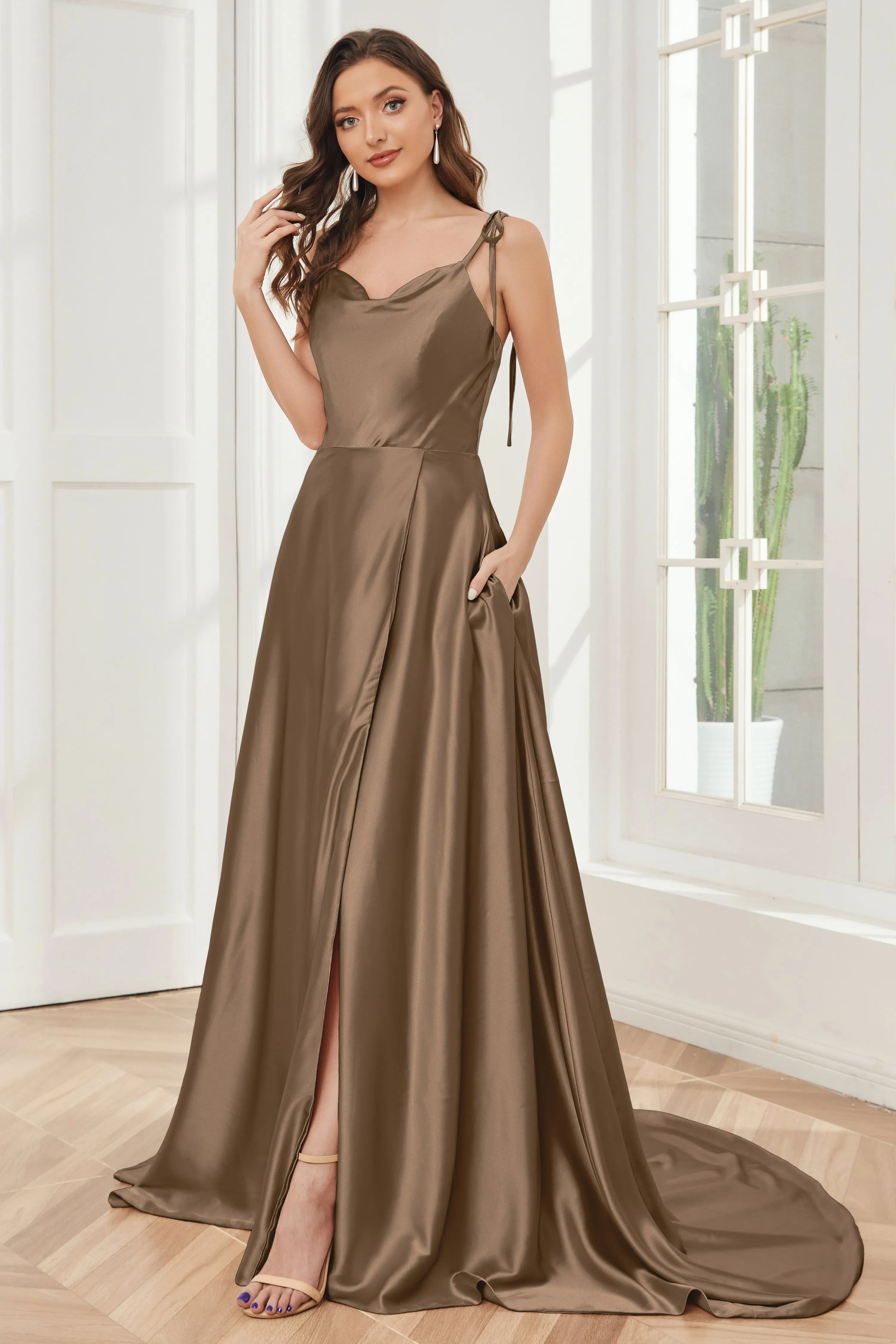 Spaghetti Straps Soft Satin Bridesmaid Dress with Train