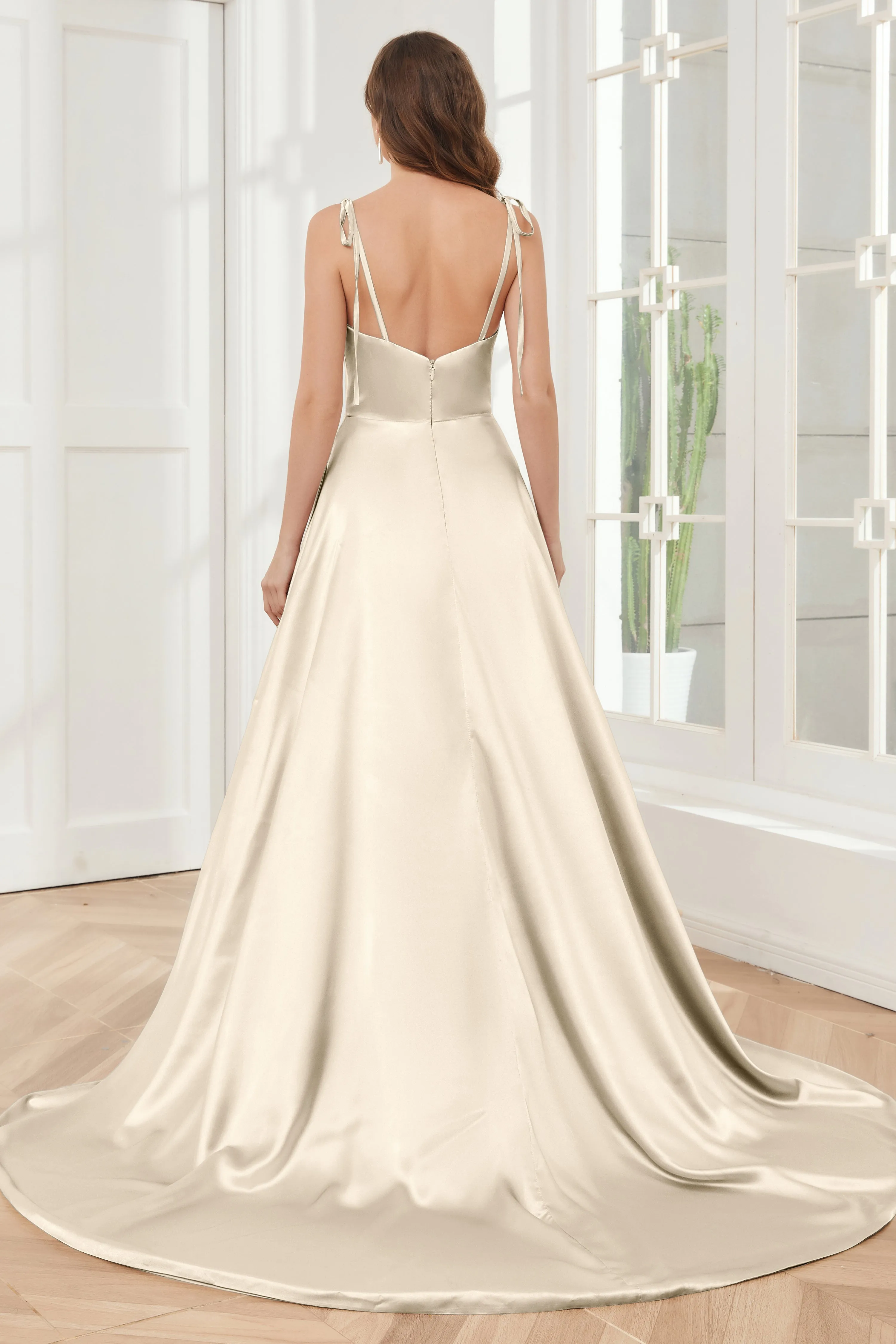 Spaghetti Straps Soft Satin Bridesmaid Dress with Train