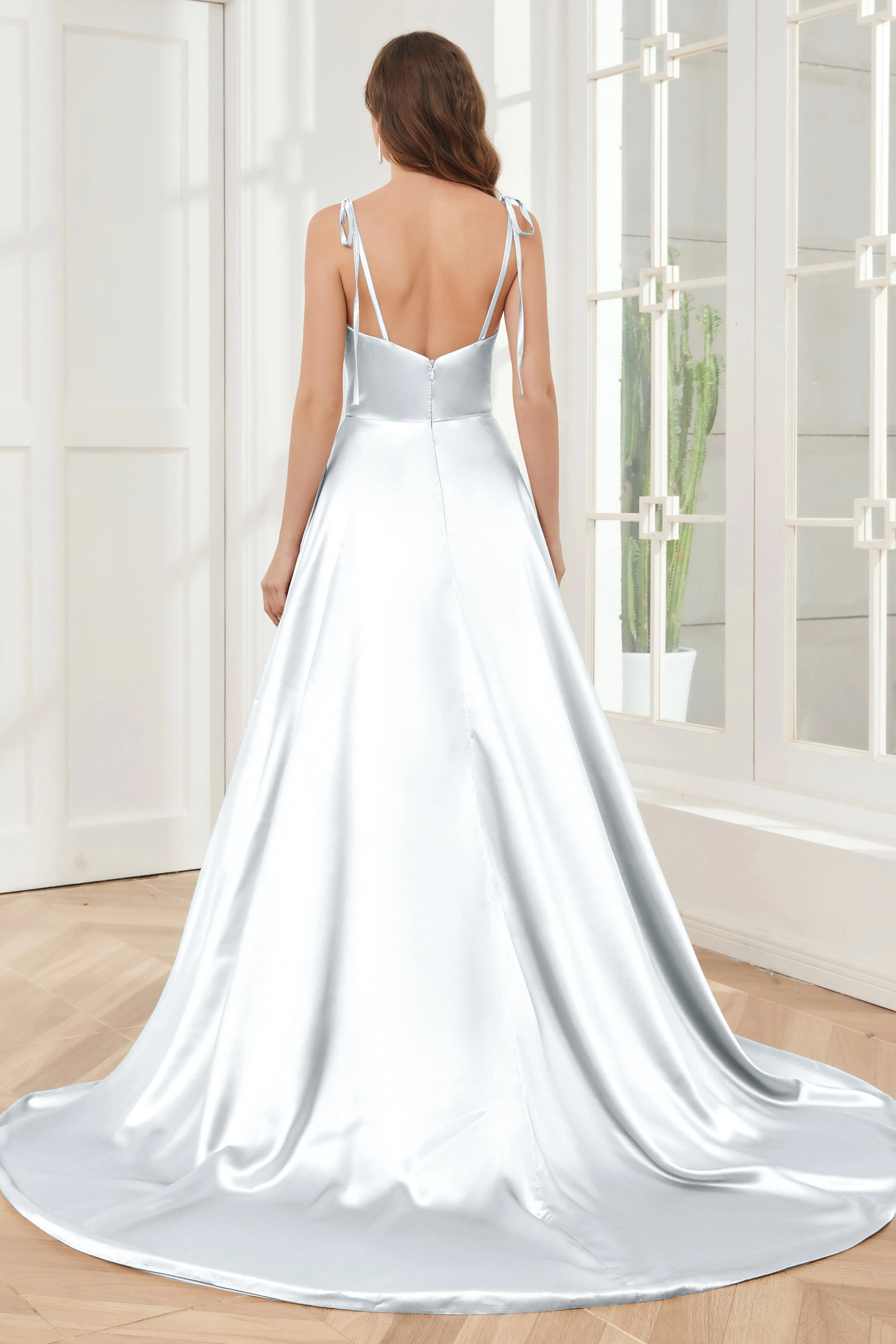 Spaghetti Straps Soft Satin Bridesmaid Dress with Train