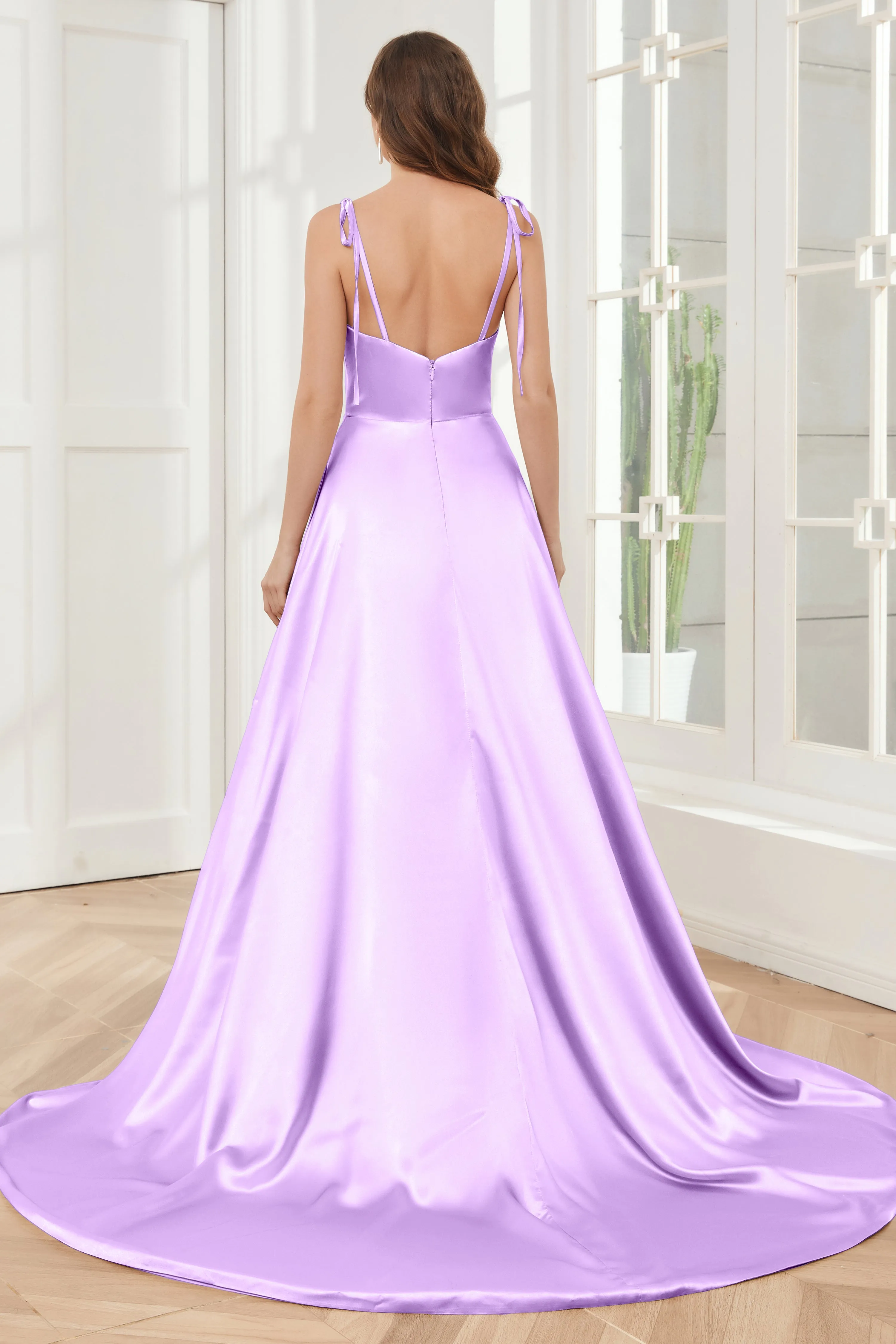 Spaghetti Straps Soft Satin Bridesmaid Dress with Train