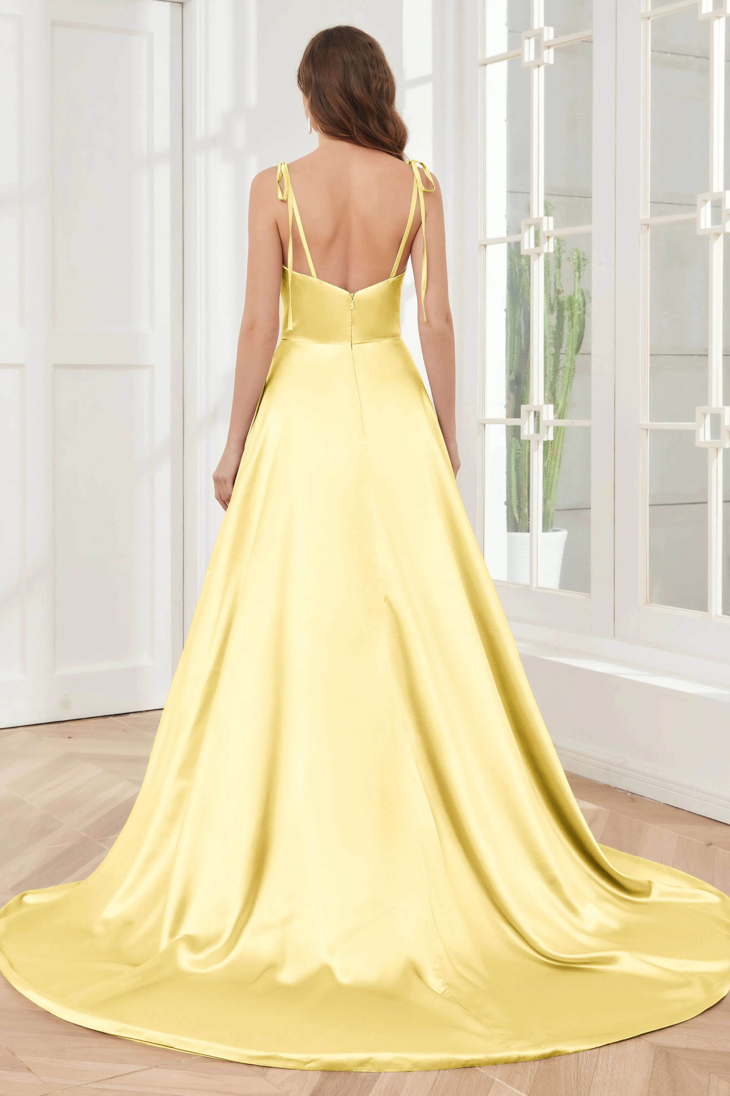 Spaghetti Straps Soft Satin Bridesmaid Dress with Train