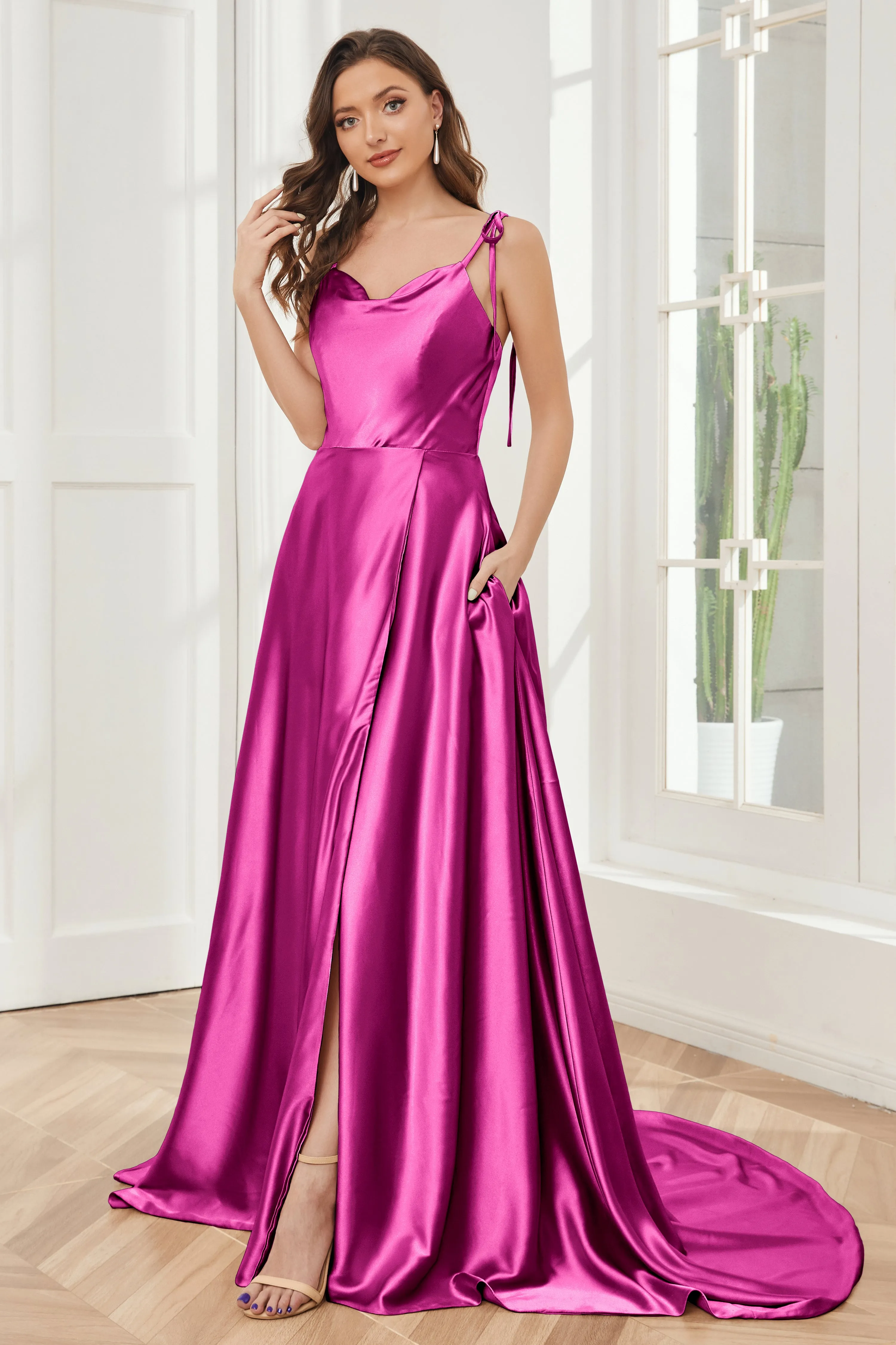Spaghetti Straps Soft Satin Bridesmaid Dress with Train
