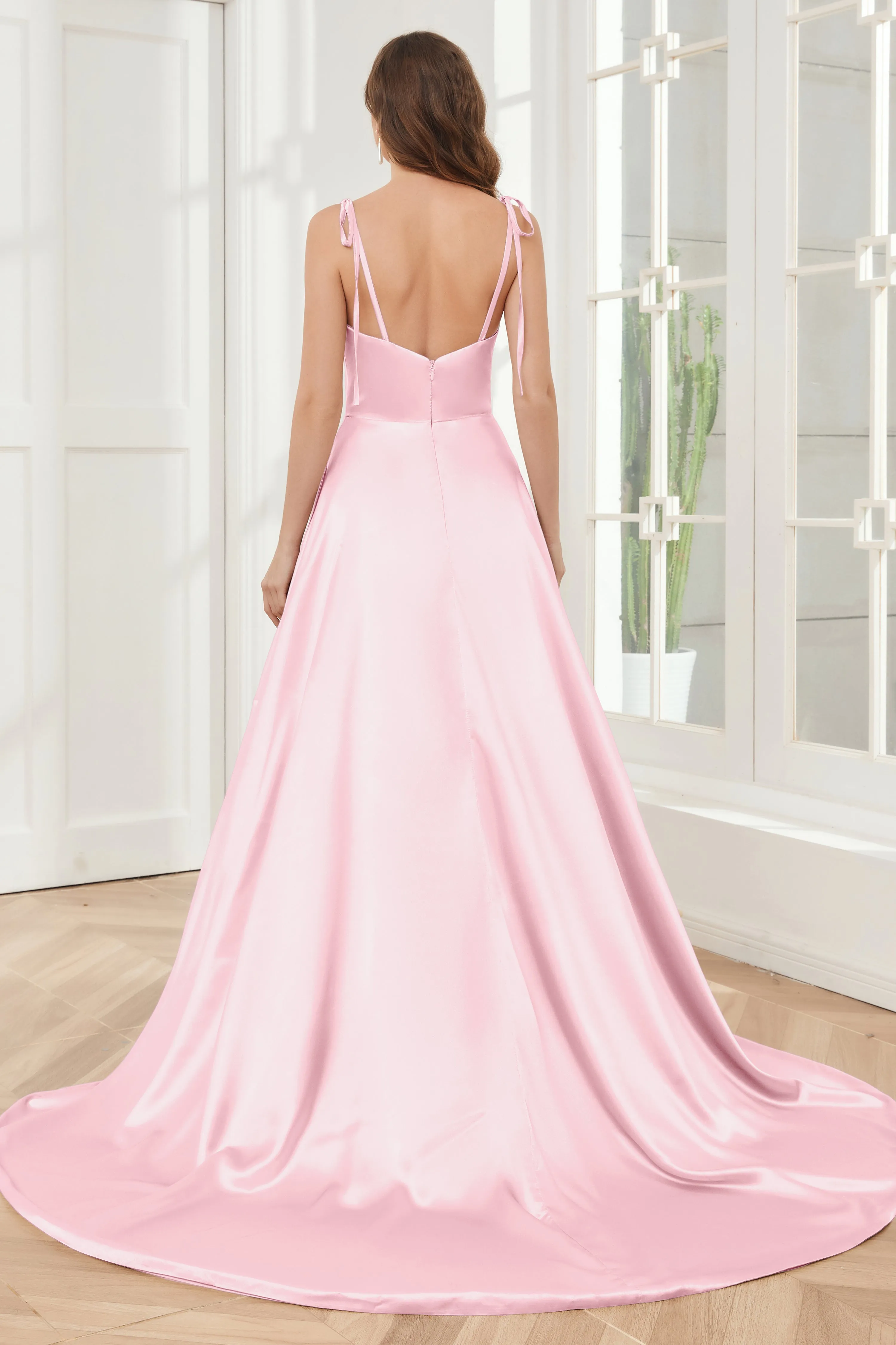 Spaghetti Straps Soft Satin Bridesmaid Dress with Train
