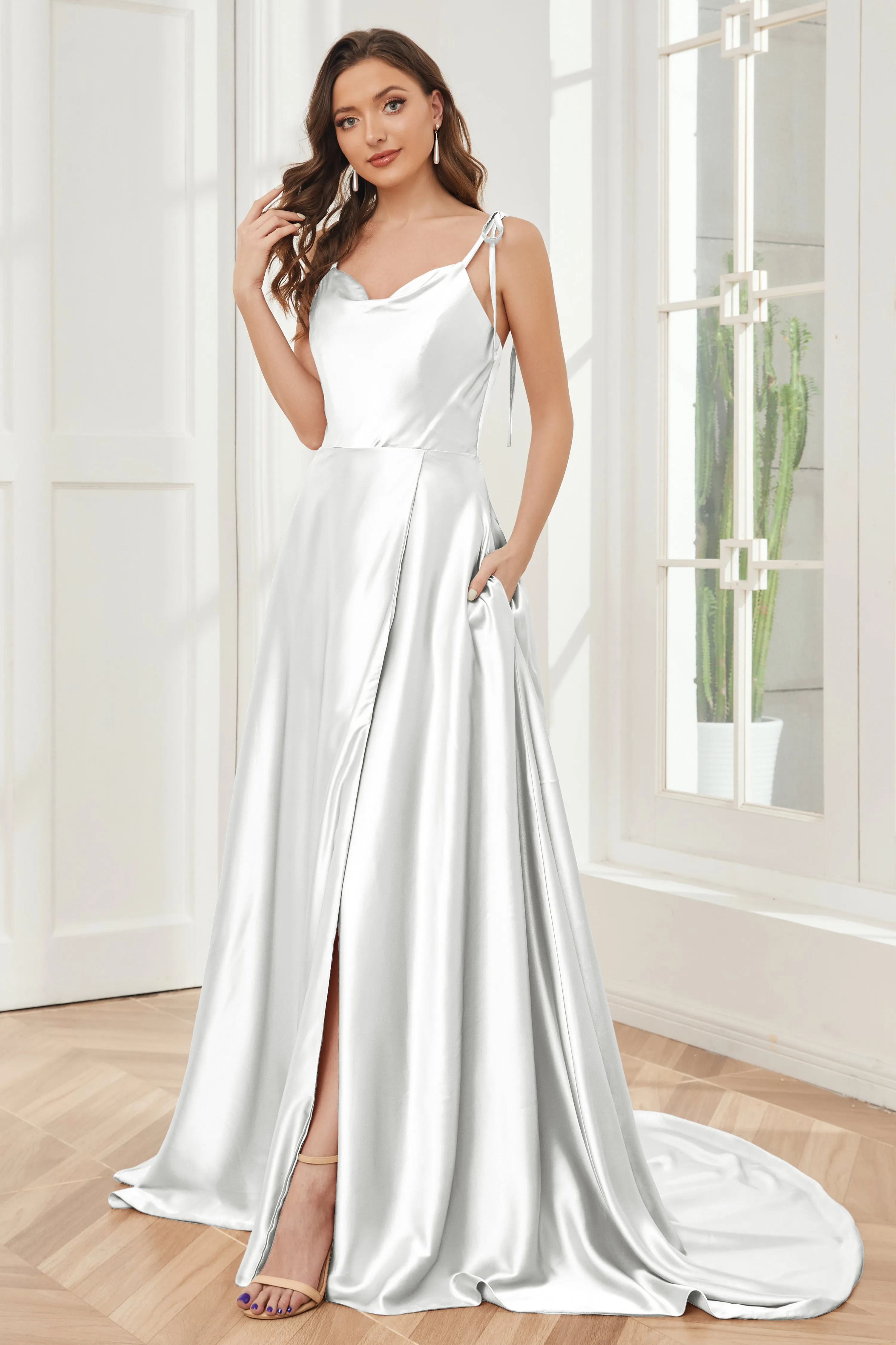 Spaghetti Straps Soft Satin Bridesmaid Dress with Train