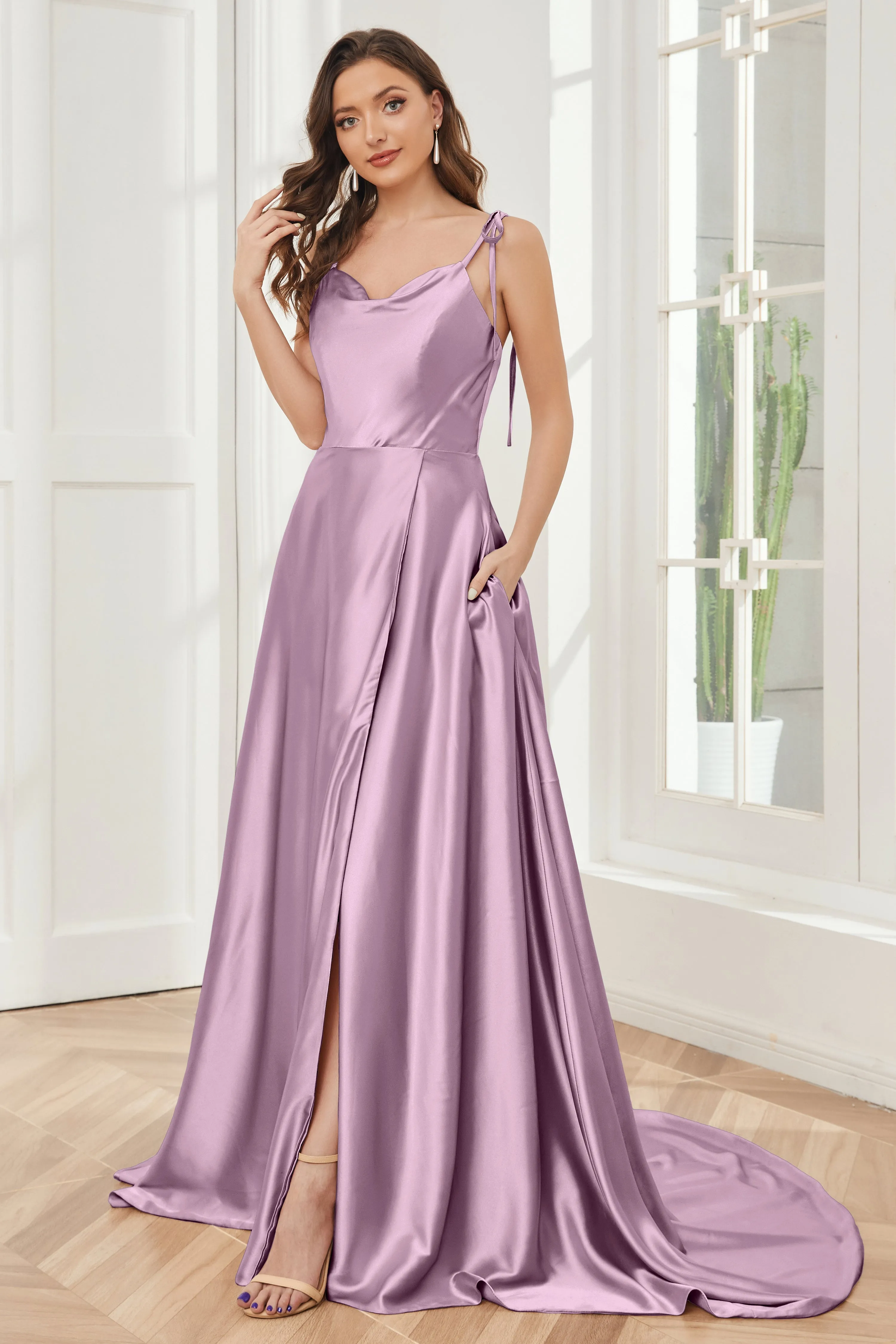 Spaghetti Straps Soft Satin Bridesmaid Dress with Train