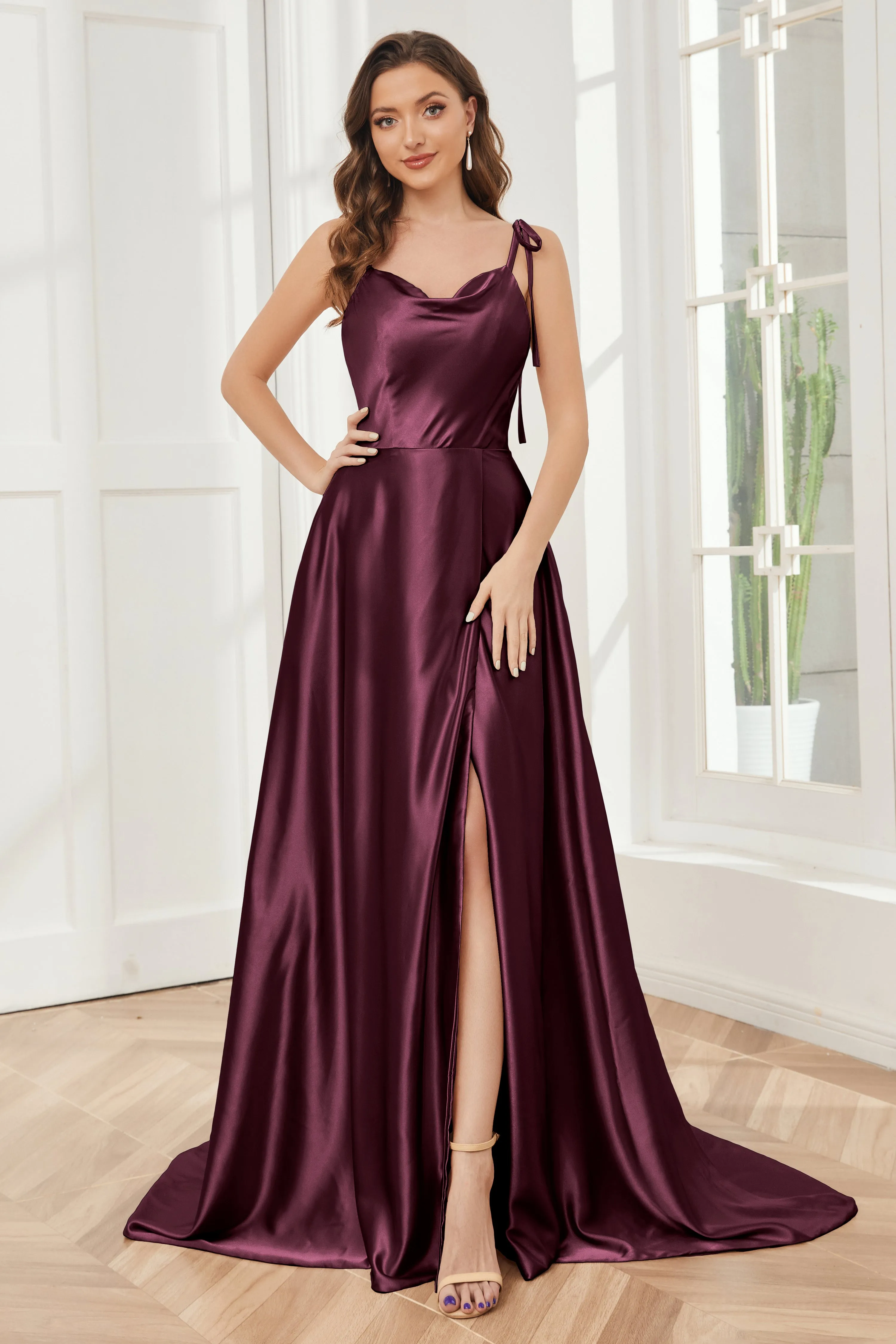 Spaghetti Straps Soft Satin Bridesmaid Dress with Train